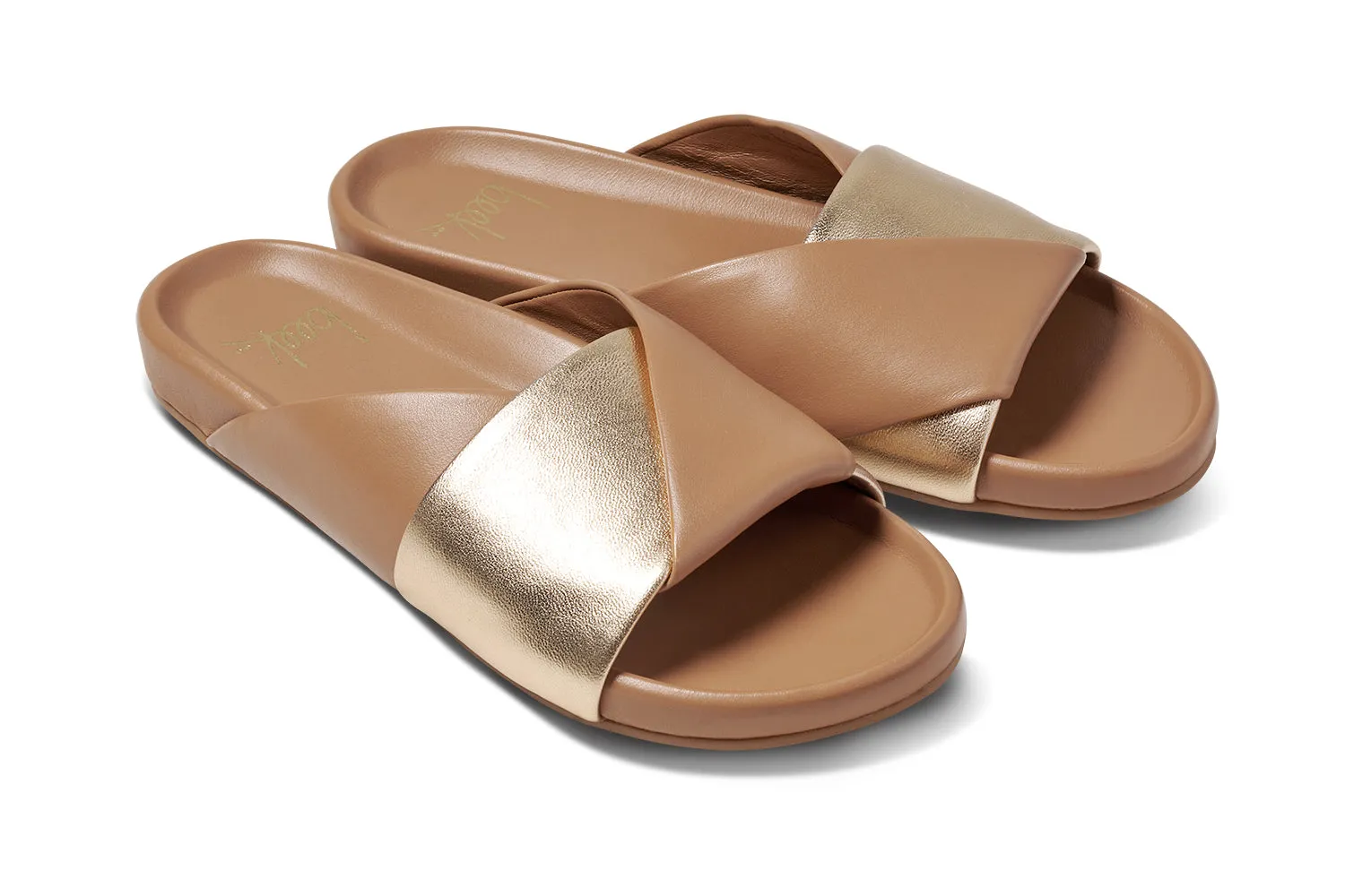 Paloma leather slide sandal in gold/honey - product angle shot