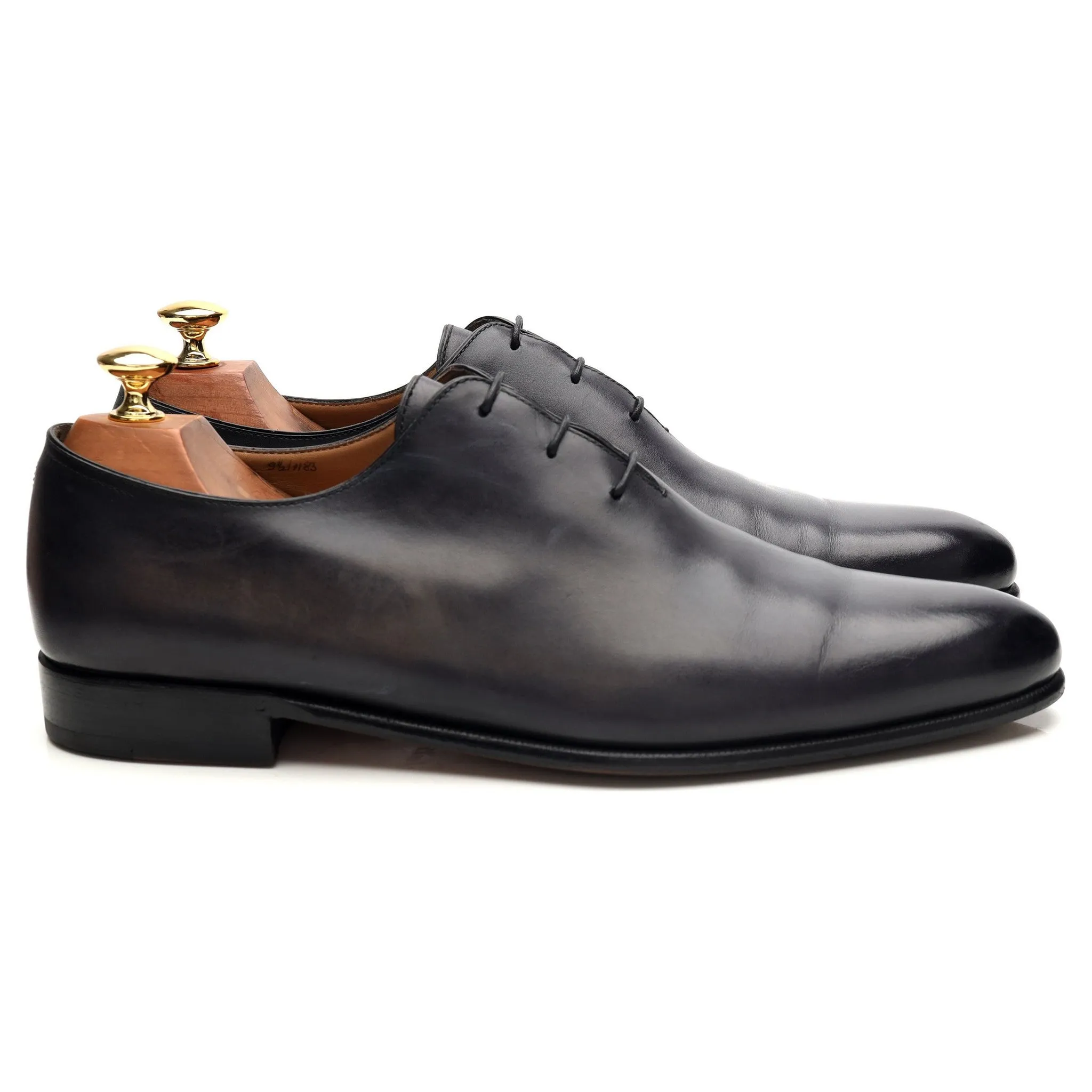 Easy Slip On Chic Style Shoes 'Alessandro' Blue / Grey Patina Leather Wholecut Oxford UK 9.5