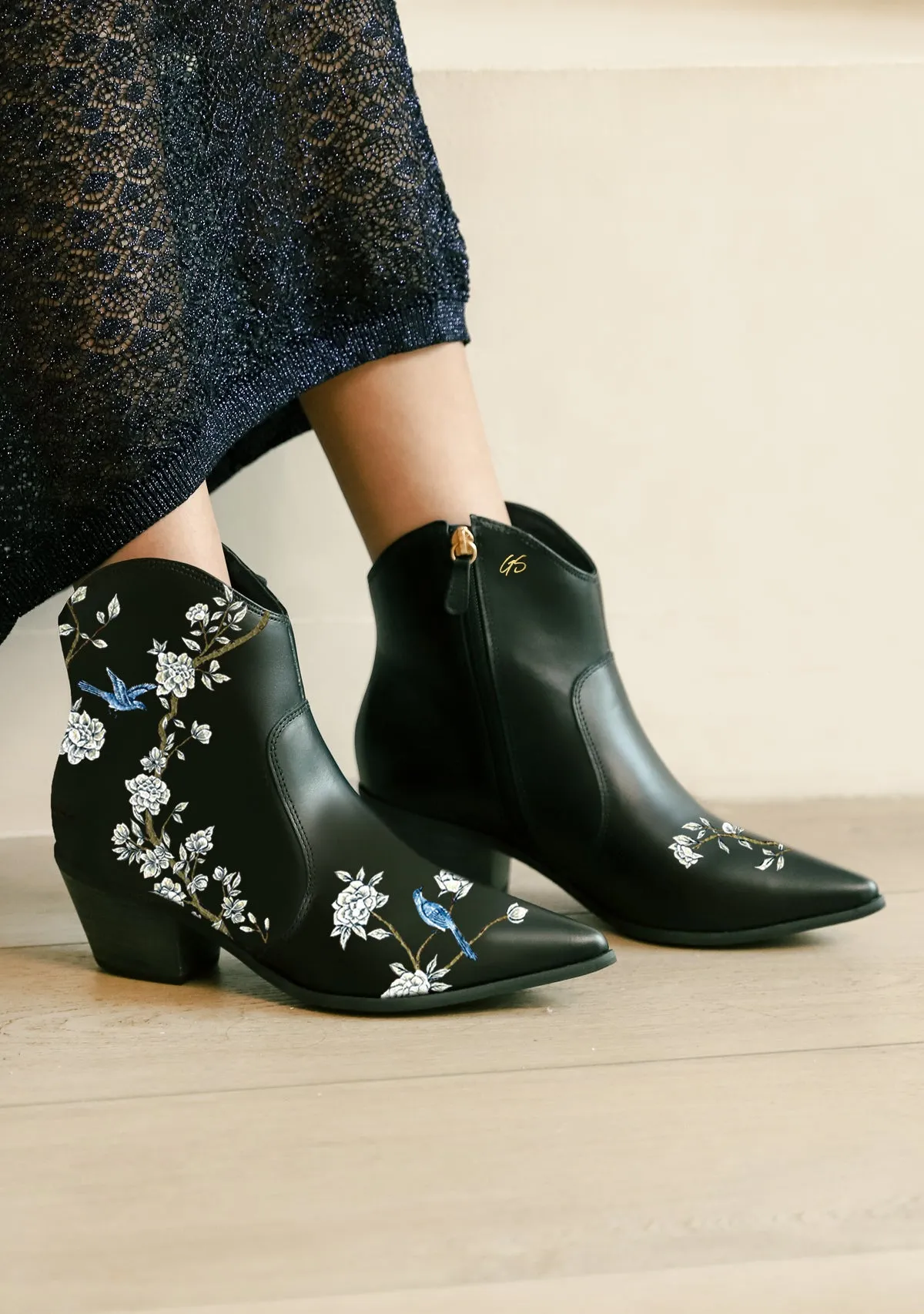 Artisan Made Japanese Garden Black Cowboy Boot
