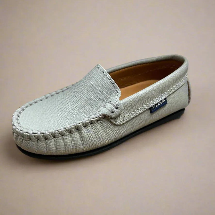 Atlanta Moccasin Boy's and Girl's Originals 015 Plain Vamp Loafers - Grey Stone Safiano Logo Details