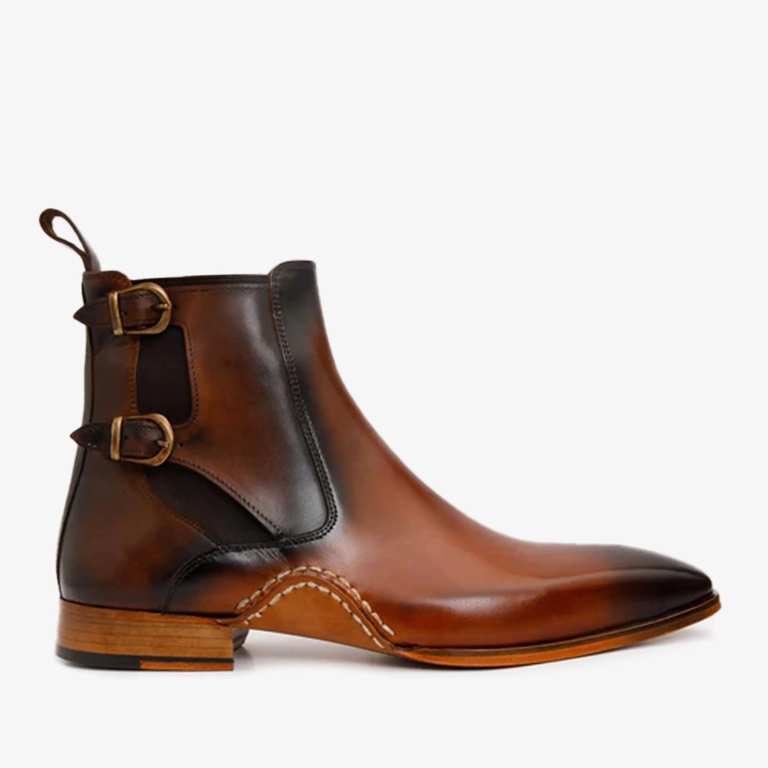 The Royal Hand Craft Tan Leather Double-Buckle Chelsea Men Boot Mix Hue