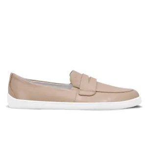Beige (latte brown) Be Lenka Buena penny loafer with a textured vamp and white rubber soles. Right shoe is shown facing right against a white background. #color_latte-brown