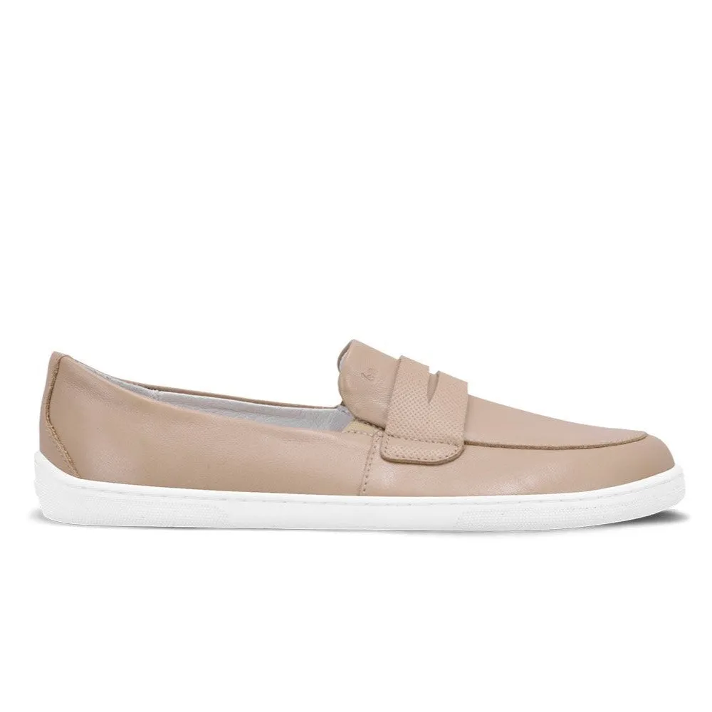 Beige (latte brown) Be Lenka Buena penny loafer with a textured vamp and white rubber soles. Right shoe is shown facing right against a white background. #color_latte-brown