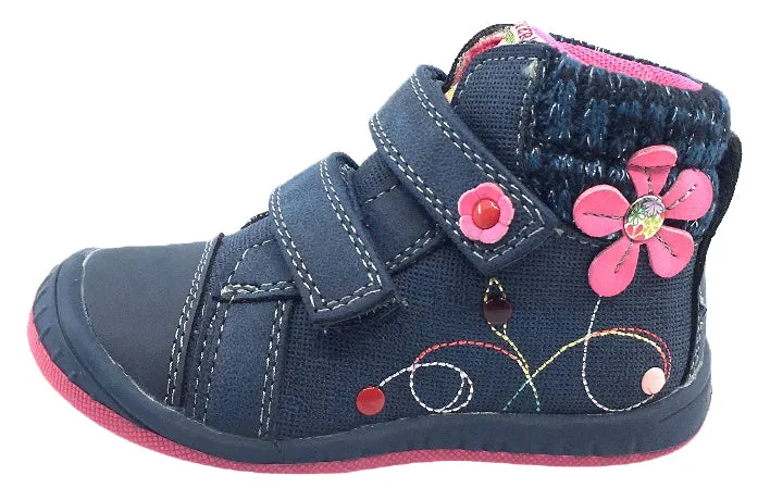 Beeko Girl's Nellie Double Hook and Loop Closure Flower Sneaker Shoes, Navy Blue Size Range