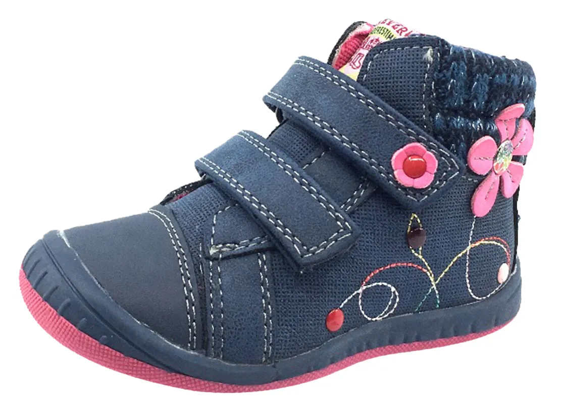 Toddler - sized shoes Beeko Girl's Nellie Double Hook and Loop Closure Flower Sneaker Shoes, Navy Blue