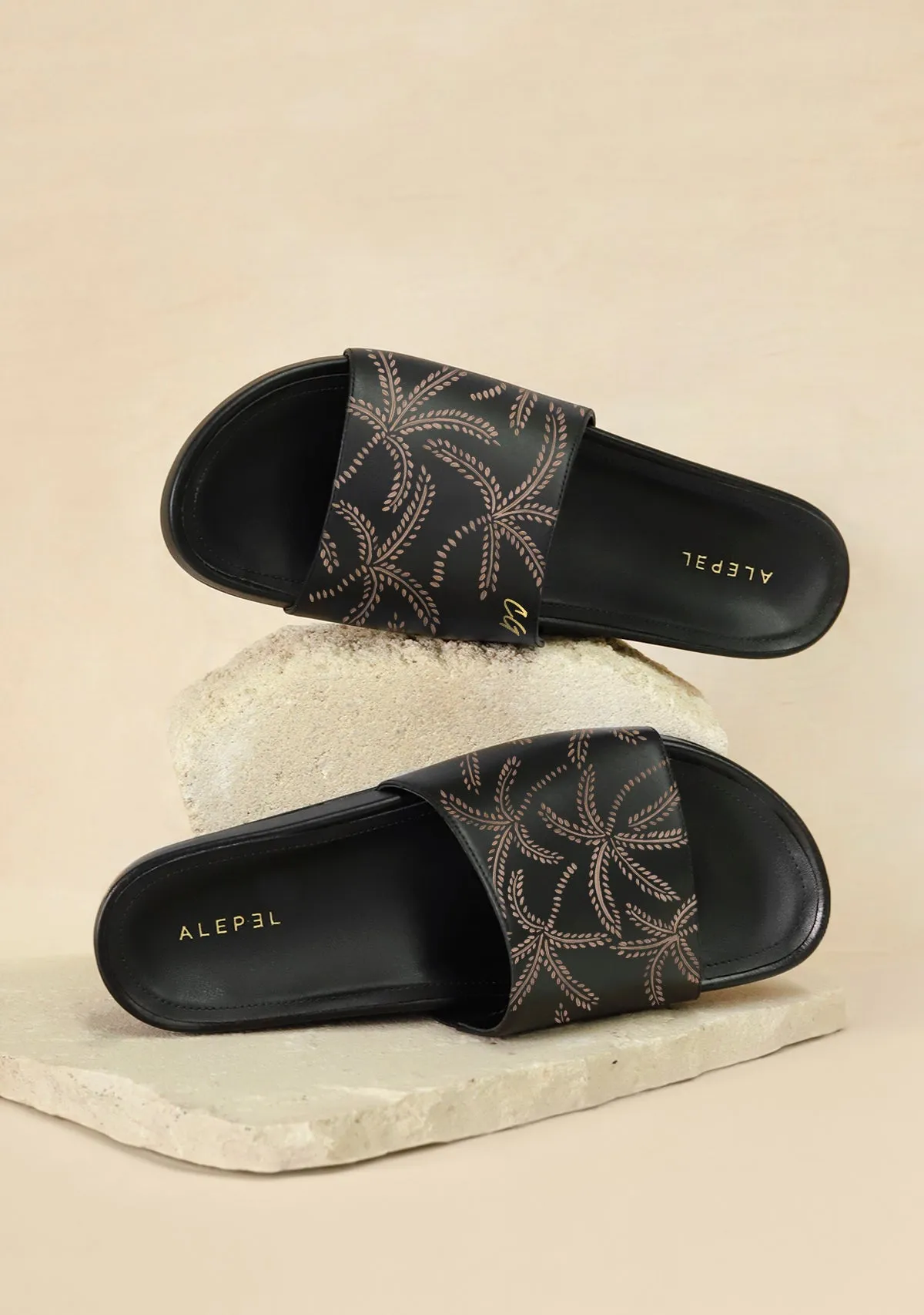 Beige Abstract Palms Black Slip On Lightweight Soft Padding