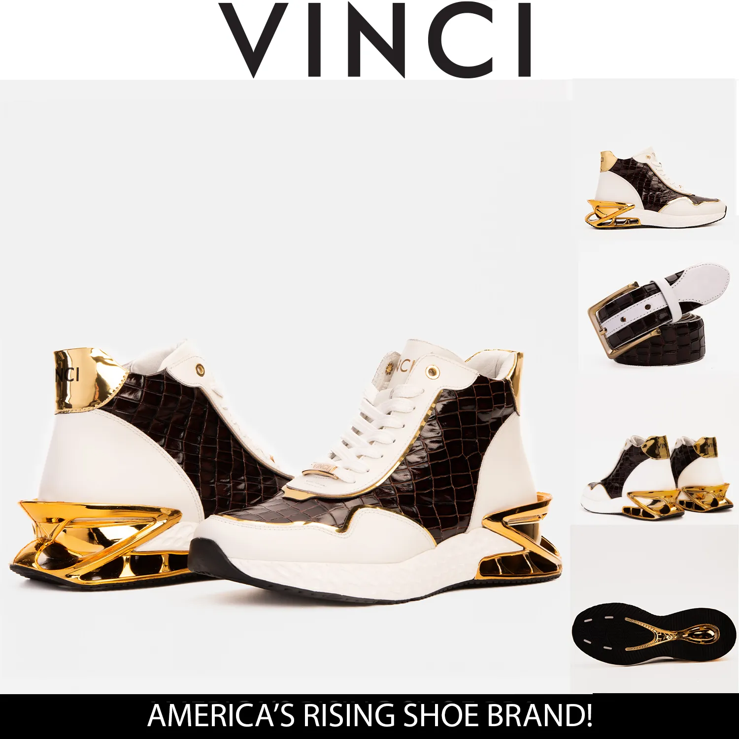Bellagio White & Gold Leather High-Top Men Sneaker Autumn-Style