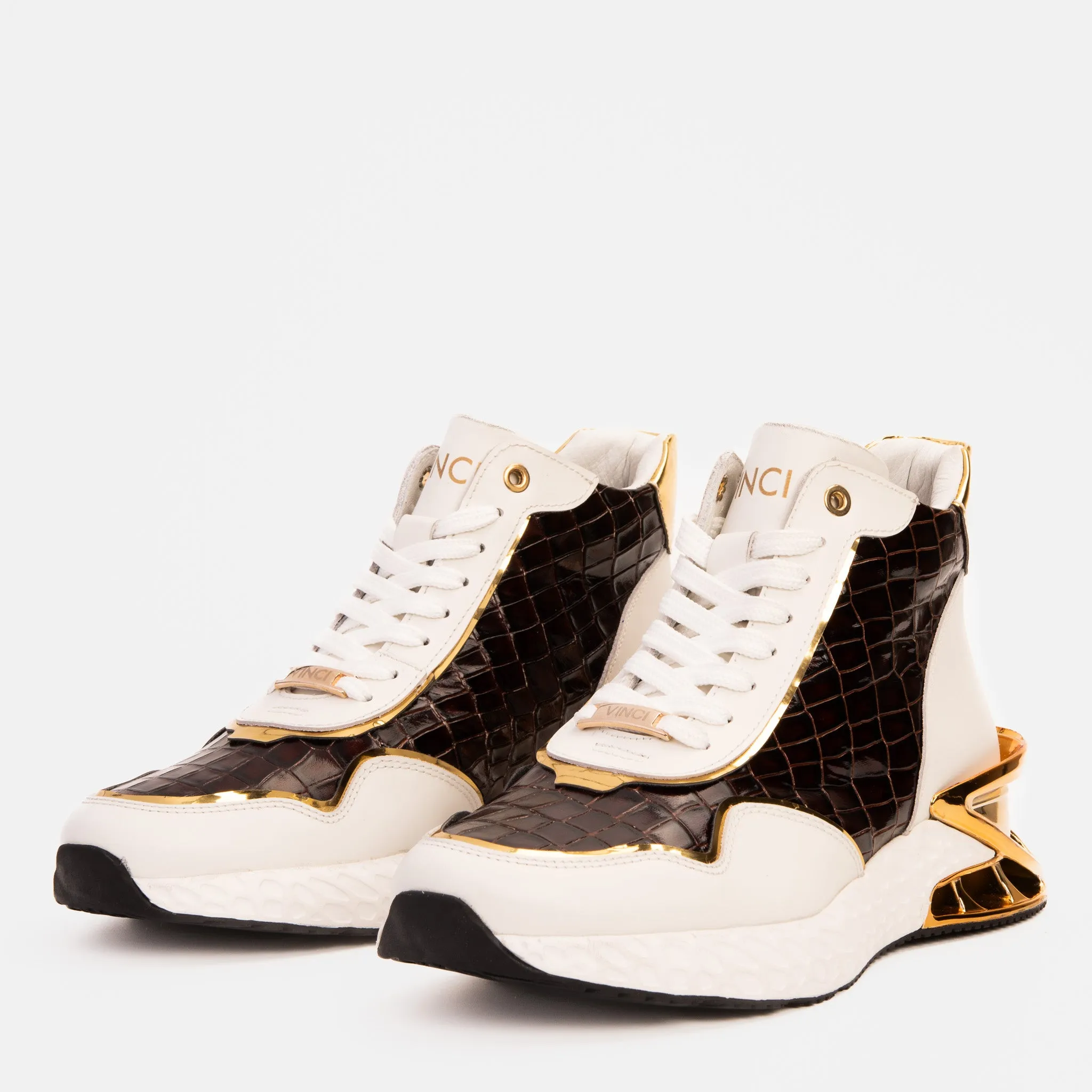 Bellagio White & Gold Leather High-Top Men Sneaker Autumn-Style