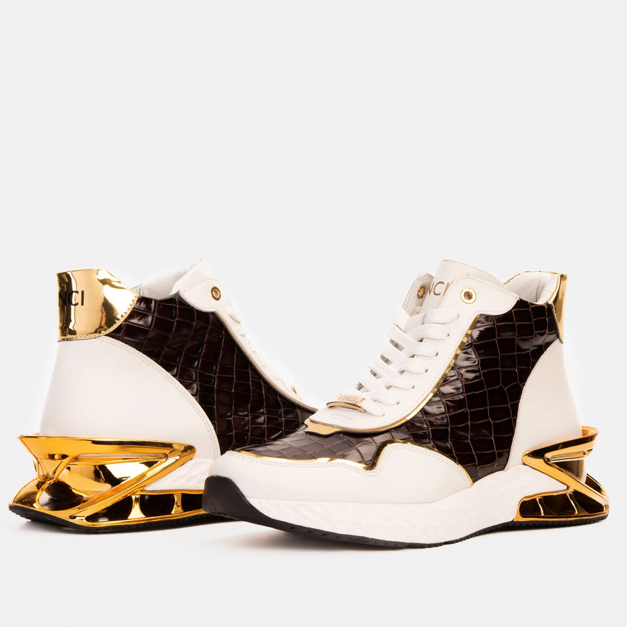 Bellagio White & Gold Leather High-Top Men Sneaker Autumn-Style