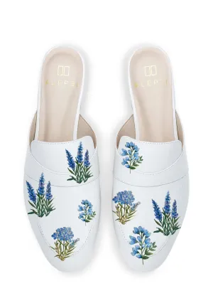 Blue Flowers White Mule Cozy Sandal Slip-On Footwear