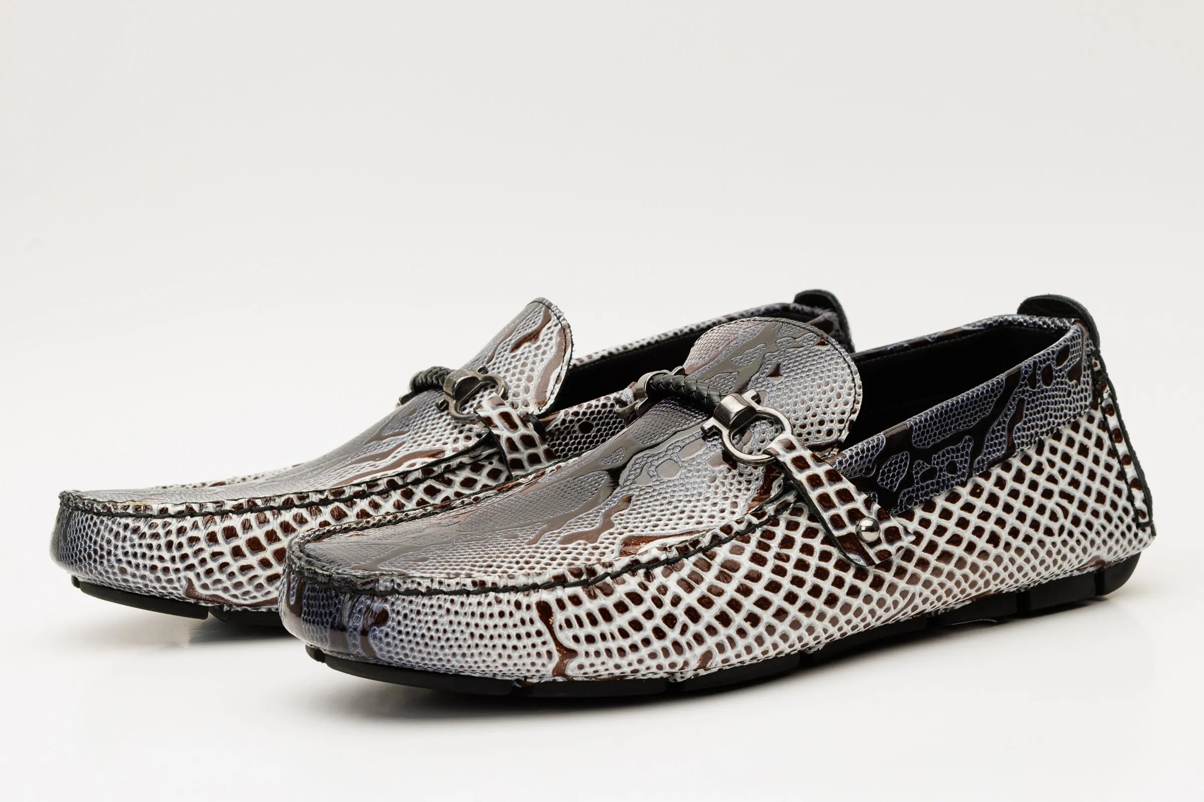 Bologna Black & White Bit Drive Loafer Men Shoe Crystal-Heel