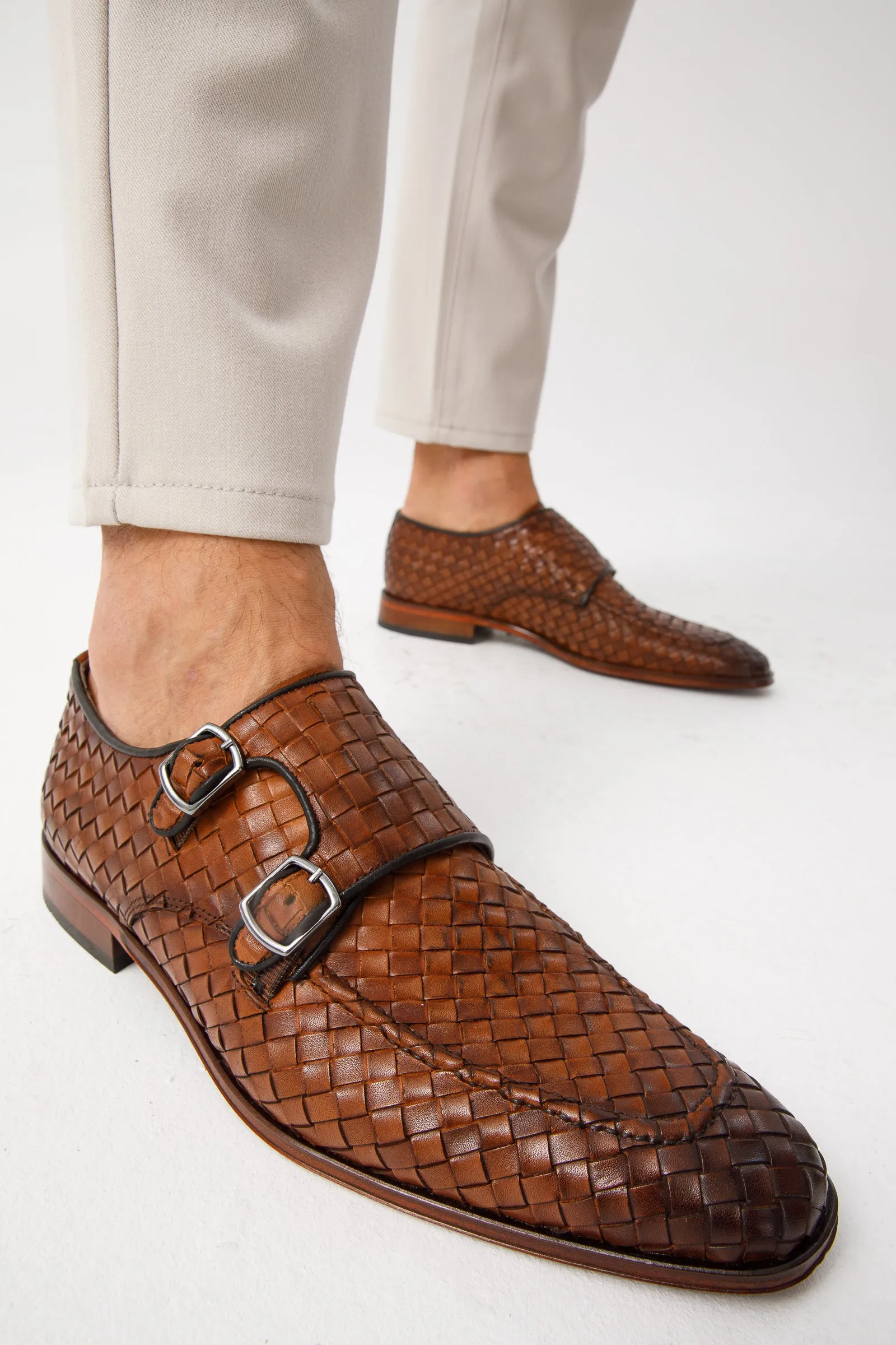 Boosted-Step The Turan Brown Woven Double Monk Strap Dress Men Shoe