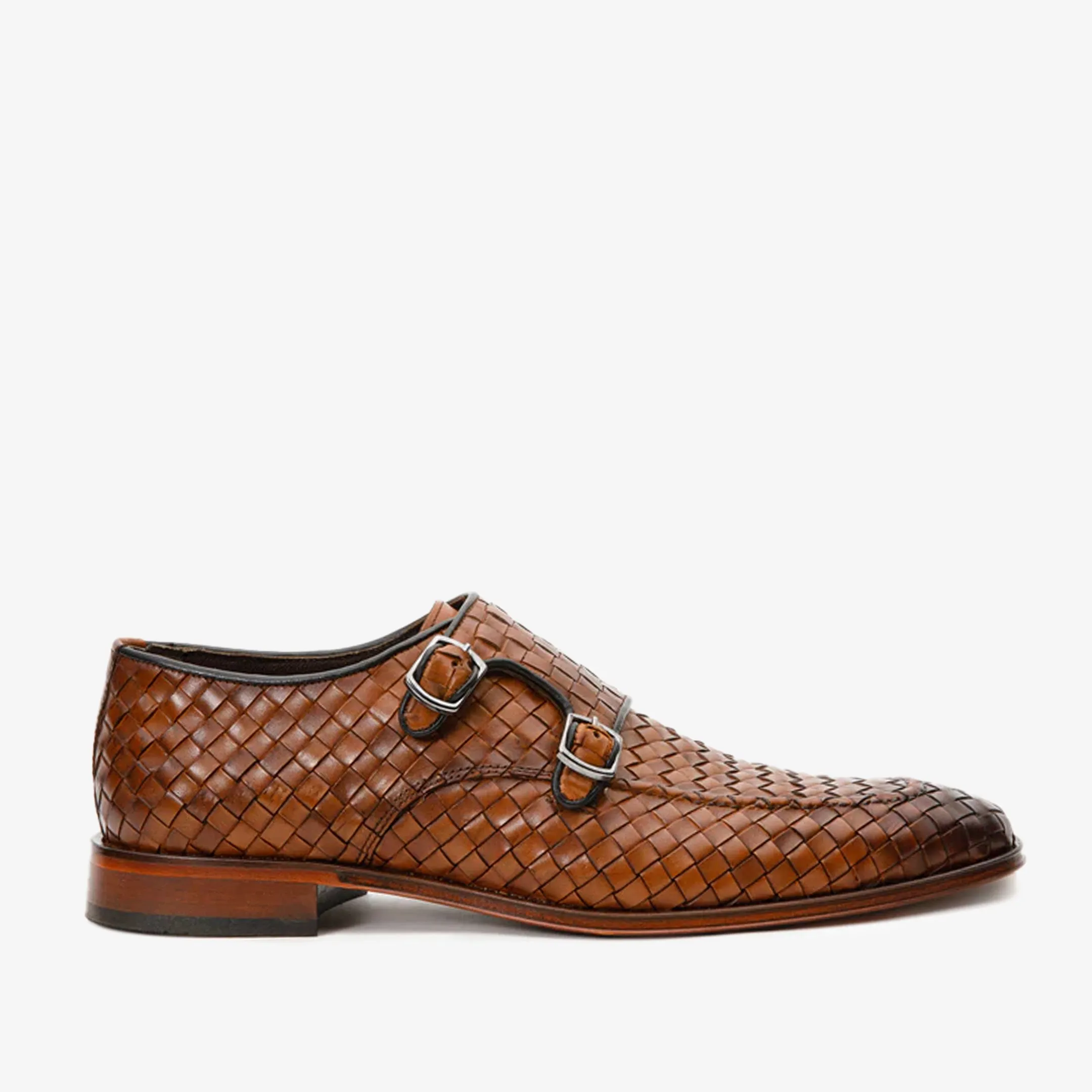 Toe box Skin Soft The Turan Brown Woven Double Monk Strap Dress Men Shoe