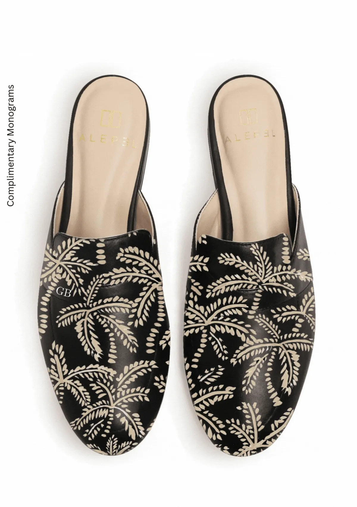 Breathable Lining Beige Abstract Palms Black Mule