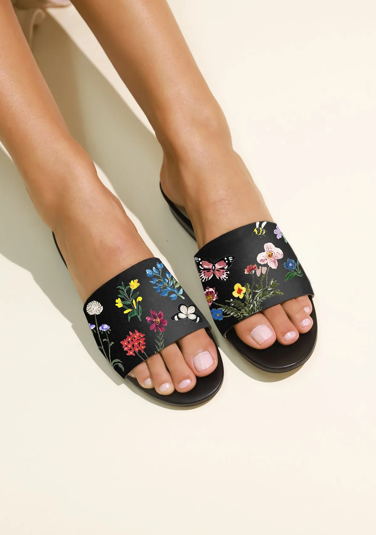 Breathable mesh Pressed Flowers Black Slide