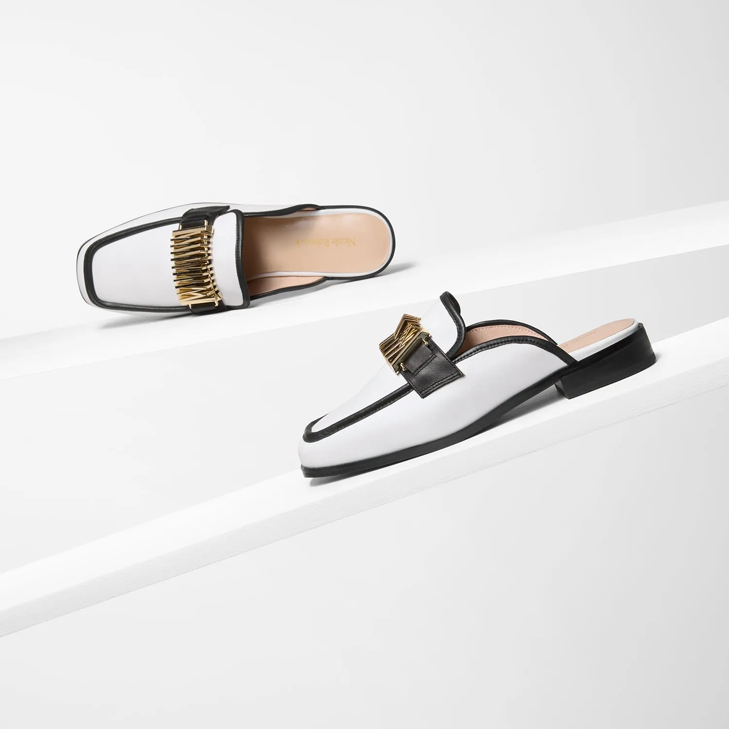 Brooklyn Mule Loafer | White/Black Leather Casual Platforms
