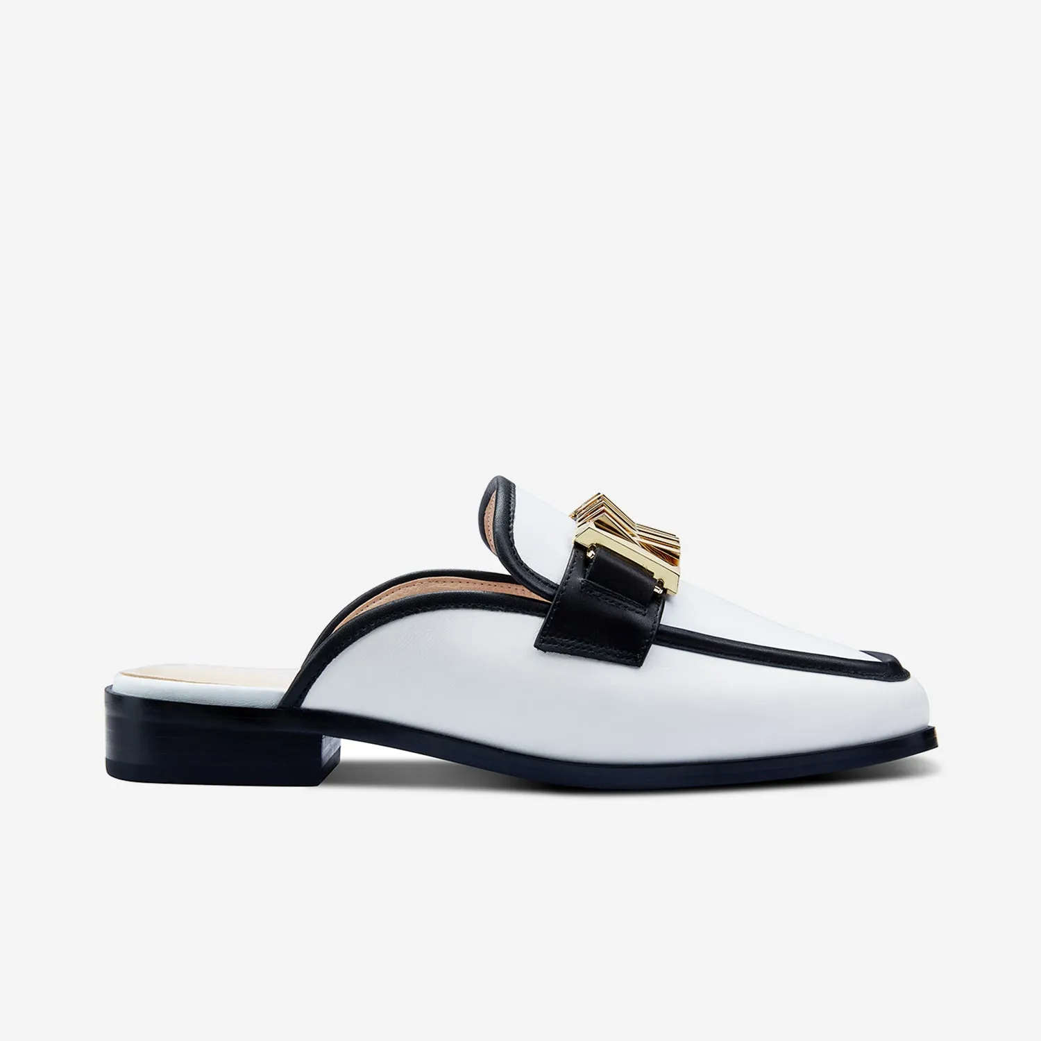 Brooklyn Mule Loafer | White/Black Leather Bold Wedding Heels