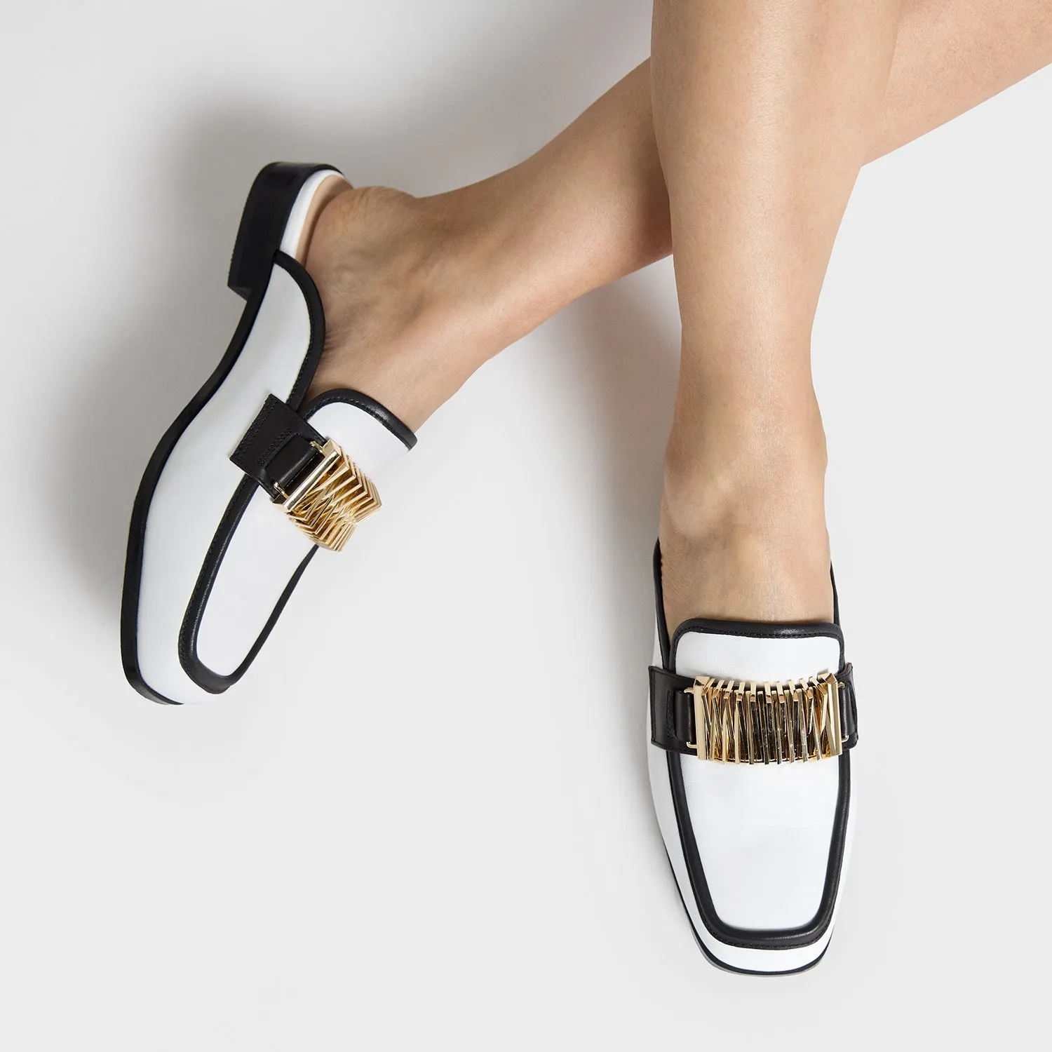 Brooklyn Mule Loafer | White/Black Leather Casual Platforms