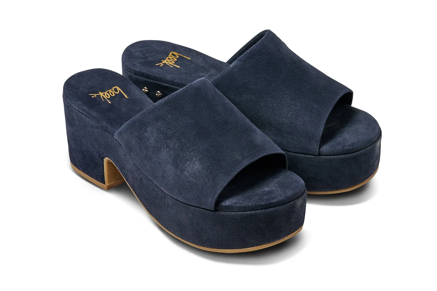 Kinglet suede platform heeled sandal in navy - product angle shot