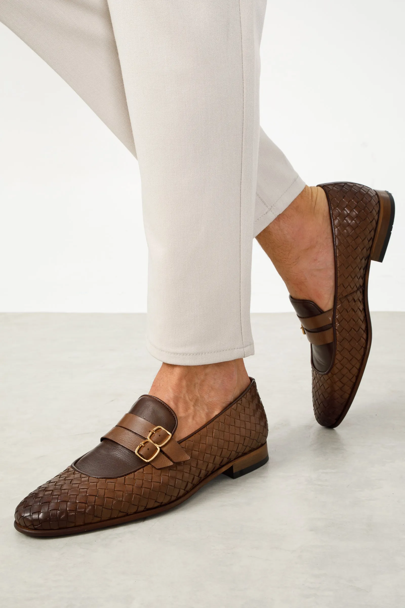 Casual Ease The Vatra Tan Woven Double Monk Strap Men Shoe