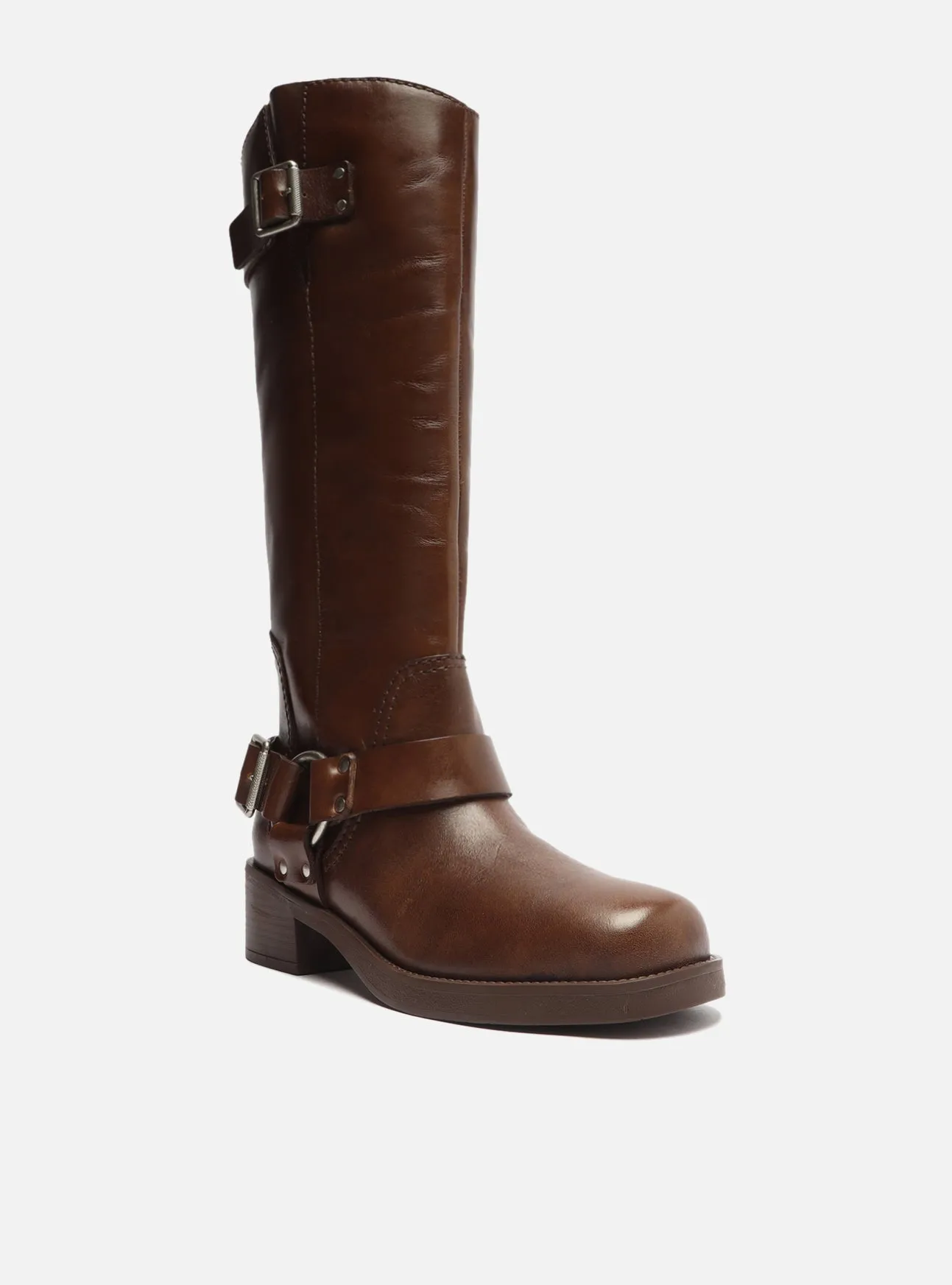 Clara Leather Block Boot Flared Heels