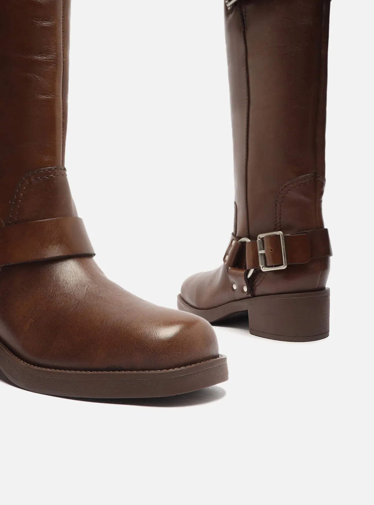 Clara Leather Block Boot Flared Heels