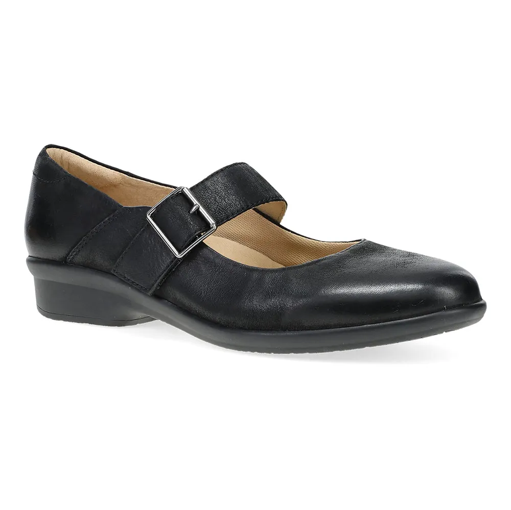 Dansko Collette Black Leather Mary Jane Style Slip On With Open Top and One Foot Strap Non Slip Heel
