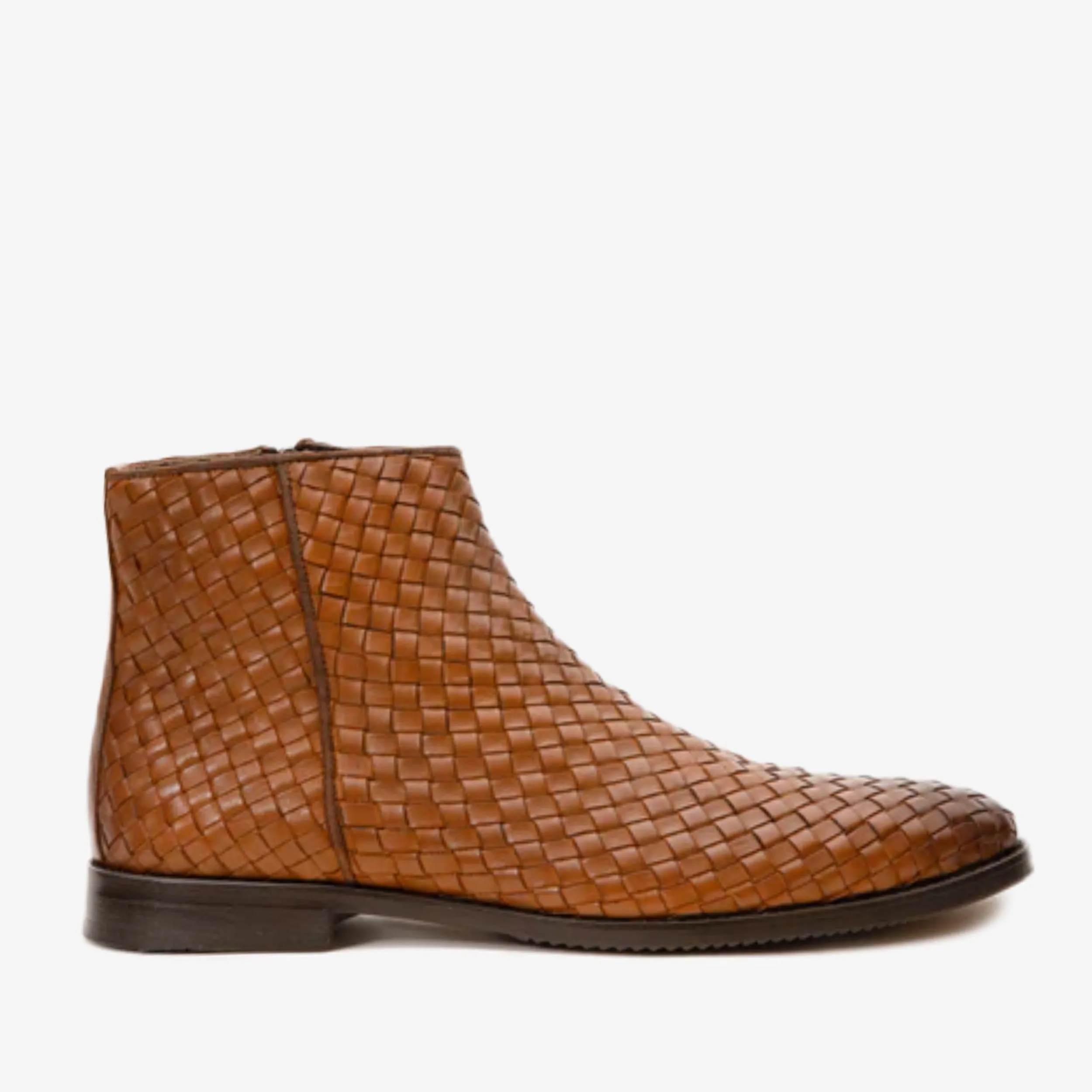 The Wellington Tan Handwoven Leather Men Boot with a Zipper Rain Guard Corner Style
