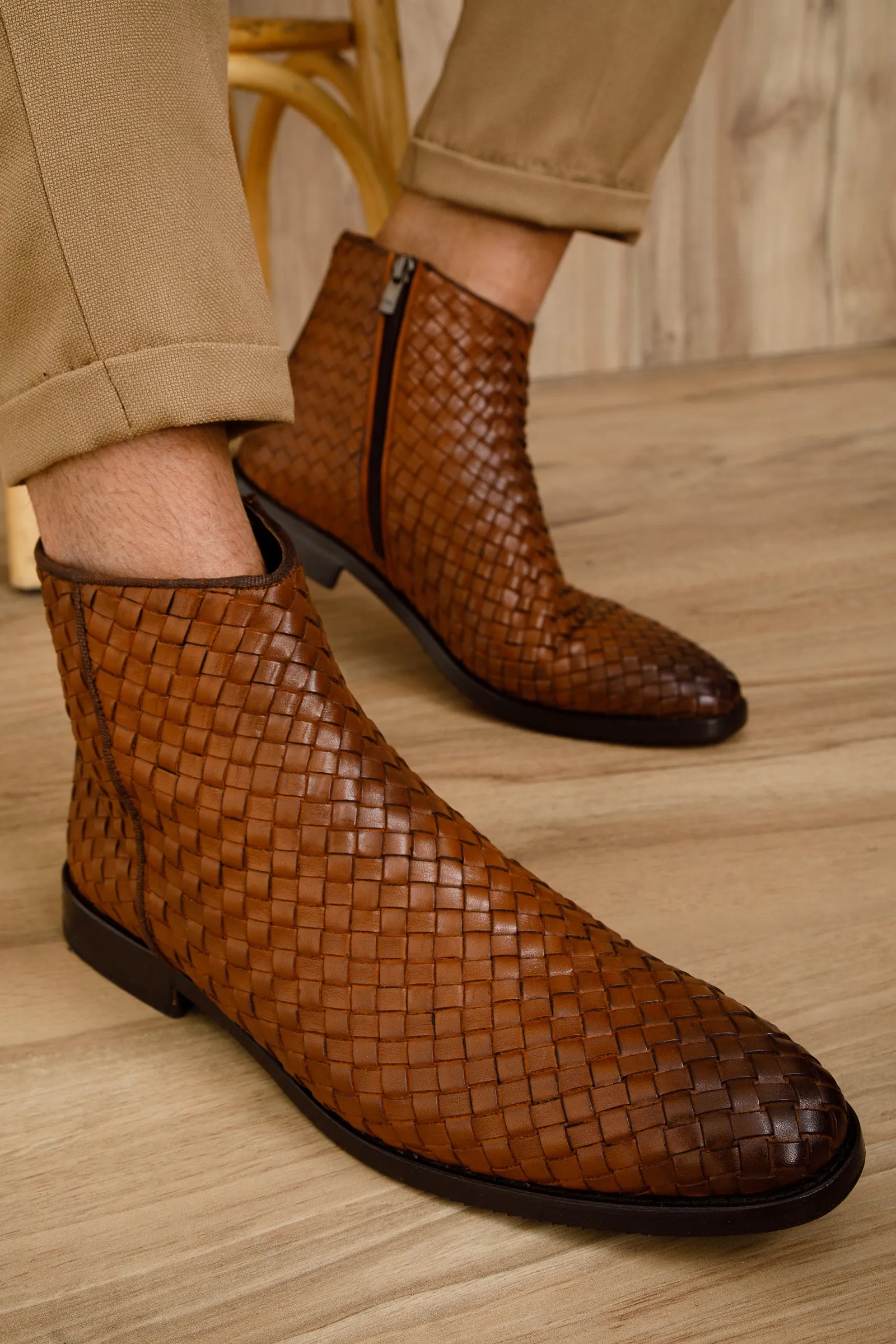 Comfort Grip The Wellington Tan Handwoven Leather Men Boot with a Zipper