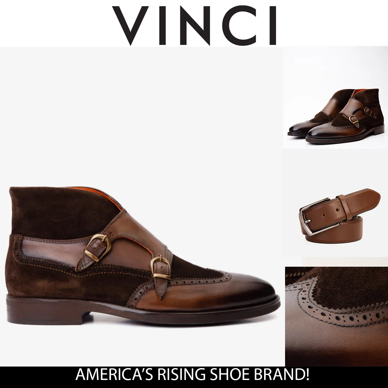 Comfort Strap The Albus Brown Leather & Suede Double Strap Monk Brogue Men Boot