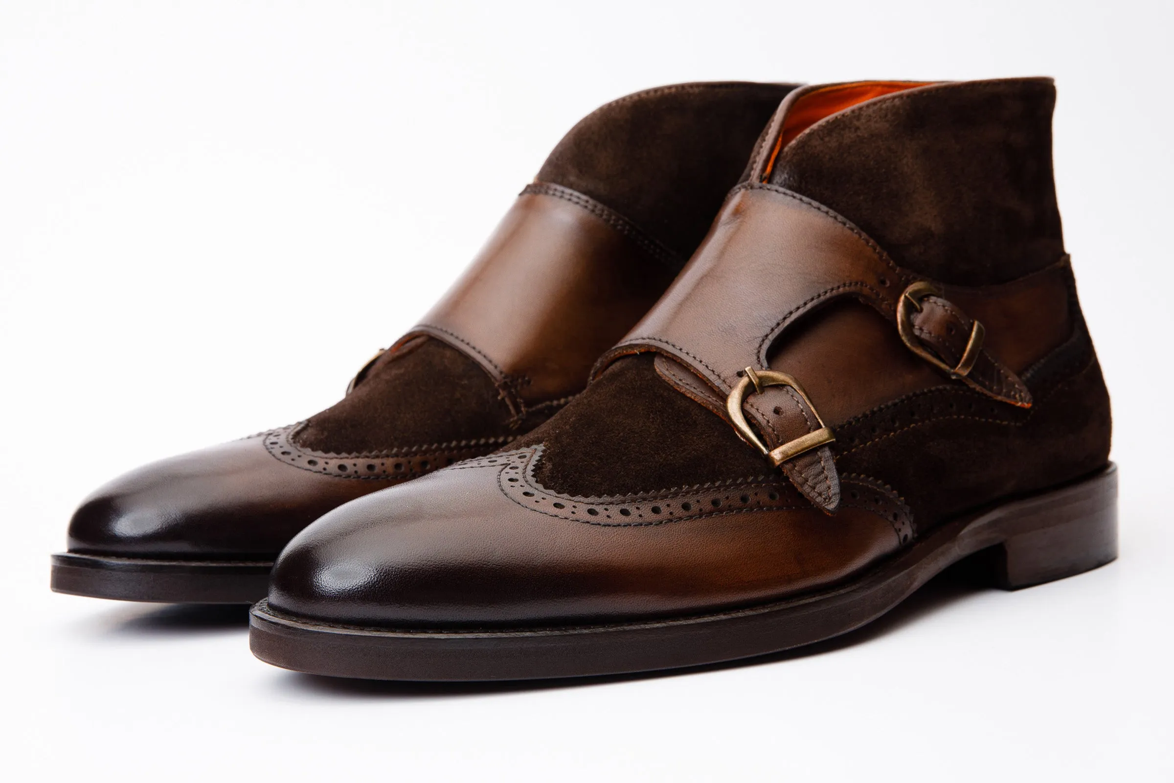 Comfort Strap The Albus Brown Leather & Suede Double Strap Monk Brogue Men Boot