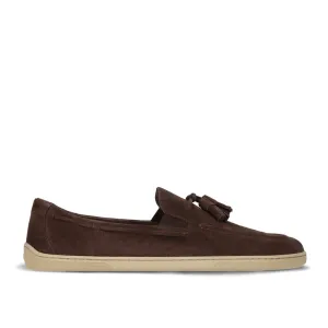 Dark brown velours leather Be Lenka Portsiders loafers with tassels tied together at the top and beige rubber soles. Right shoe is shown facing right against a white background. #color_dark-brown
