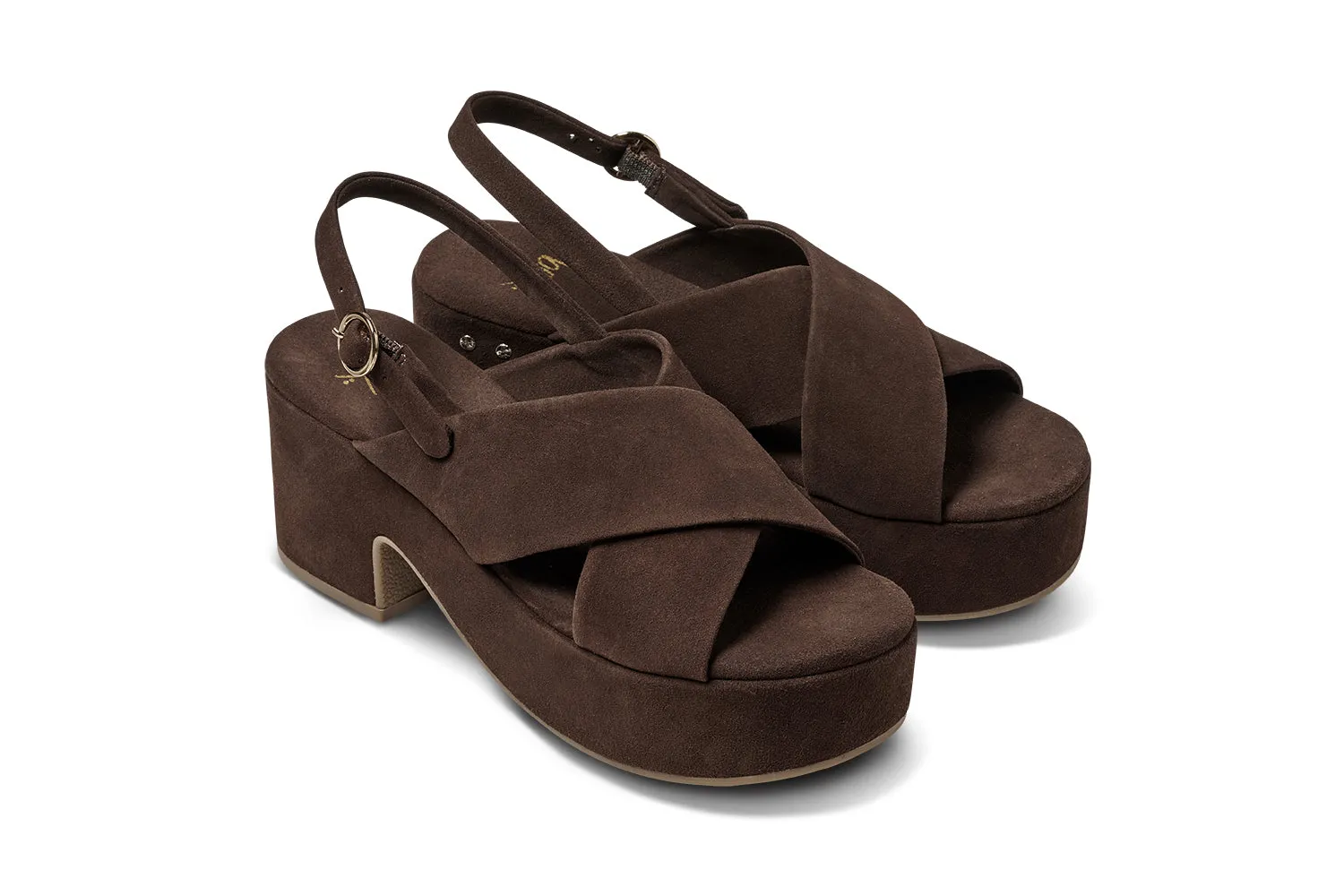 Dunlin suede crossover strap platform heeled sandals in coffee - product angle shot