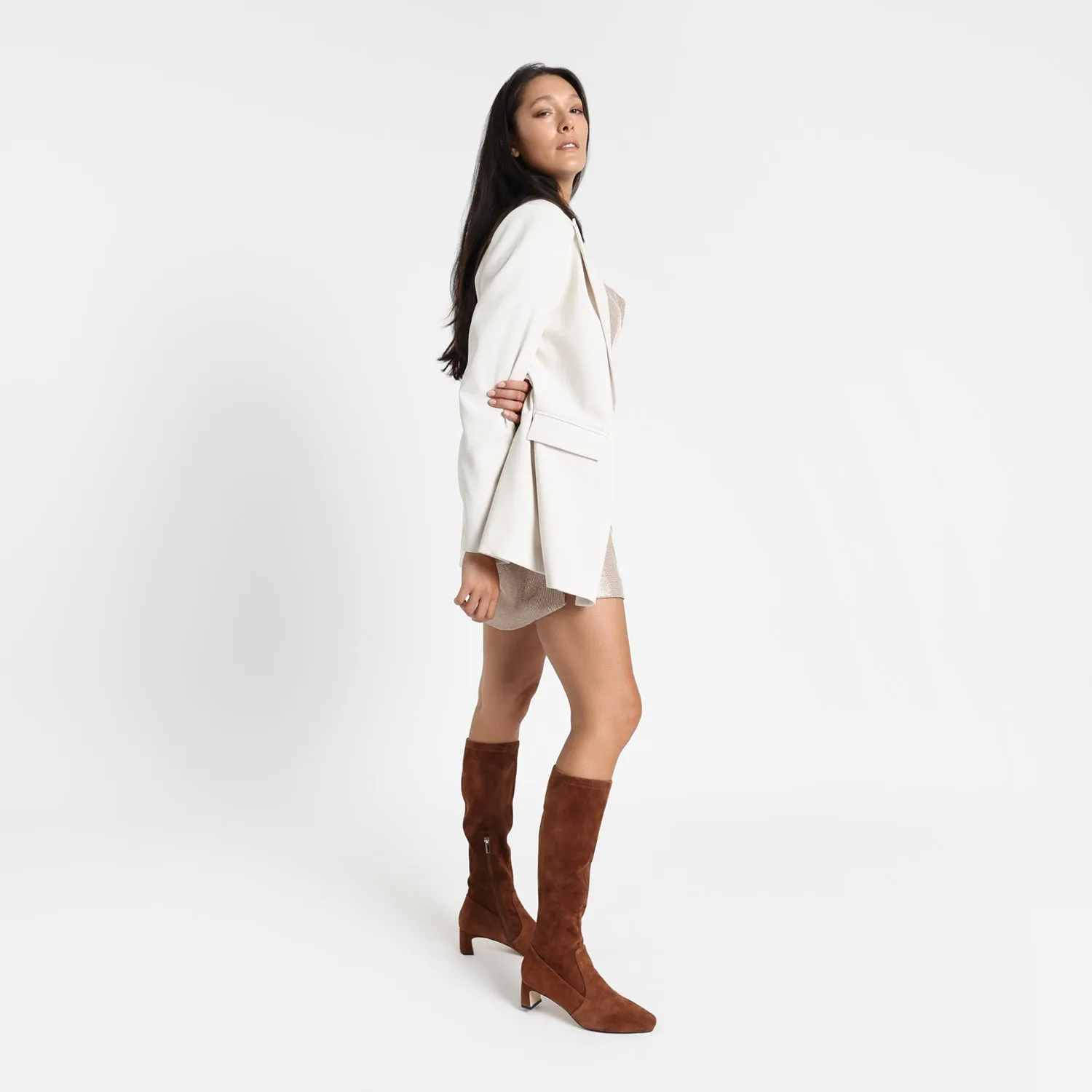 Dakota Ltd Ed Knee High Boot | Chestnut suede Feather Heels