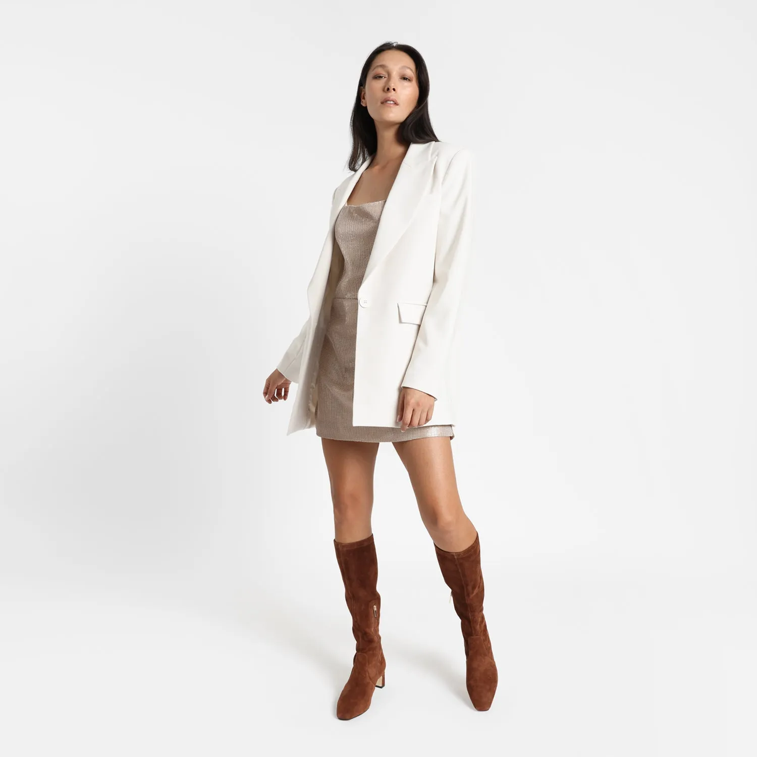 Dakota Ltd Ed Knee High Boot | Chestnut suede Feather Heels
