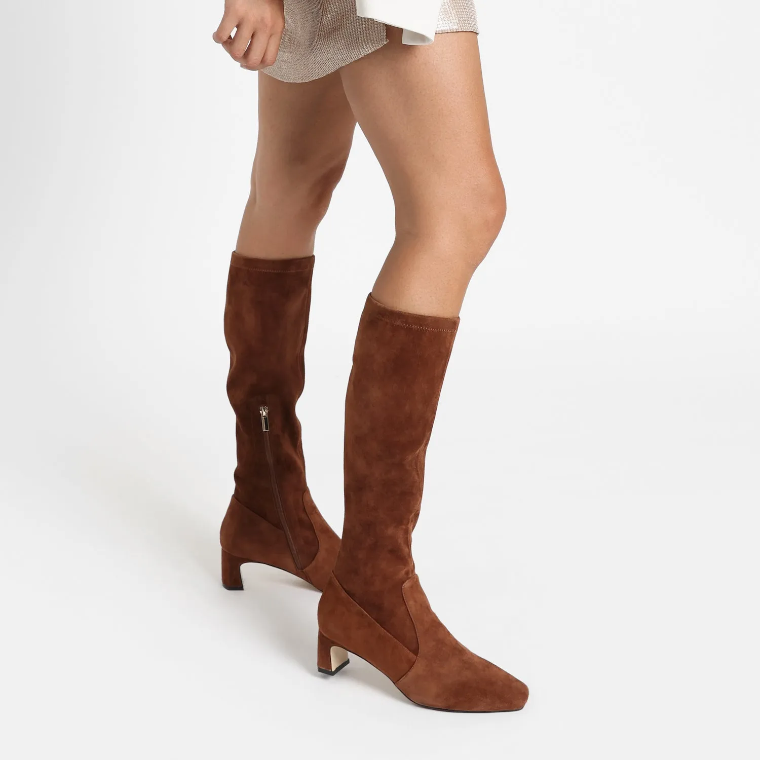 Dakota Ltd Ed Knee High Boot | Chestnut suede Feather Heels