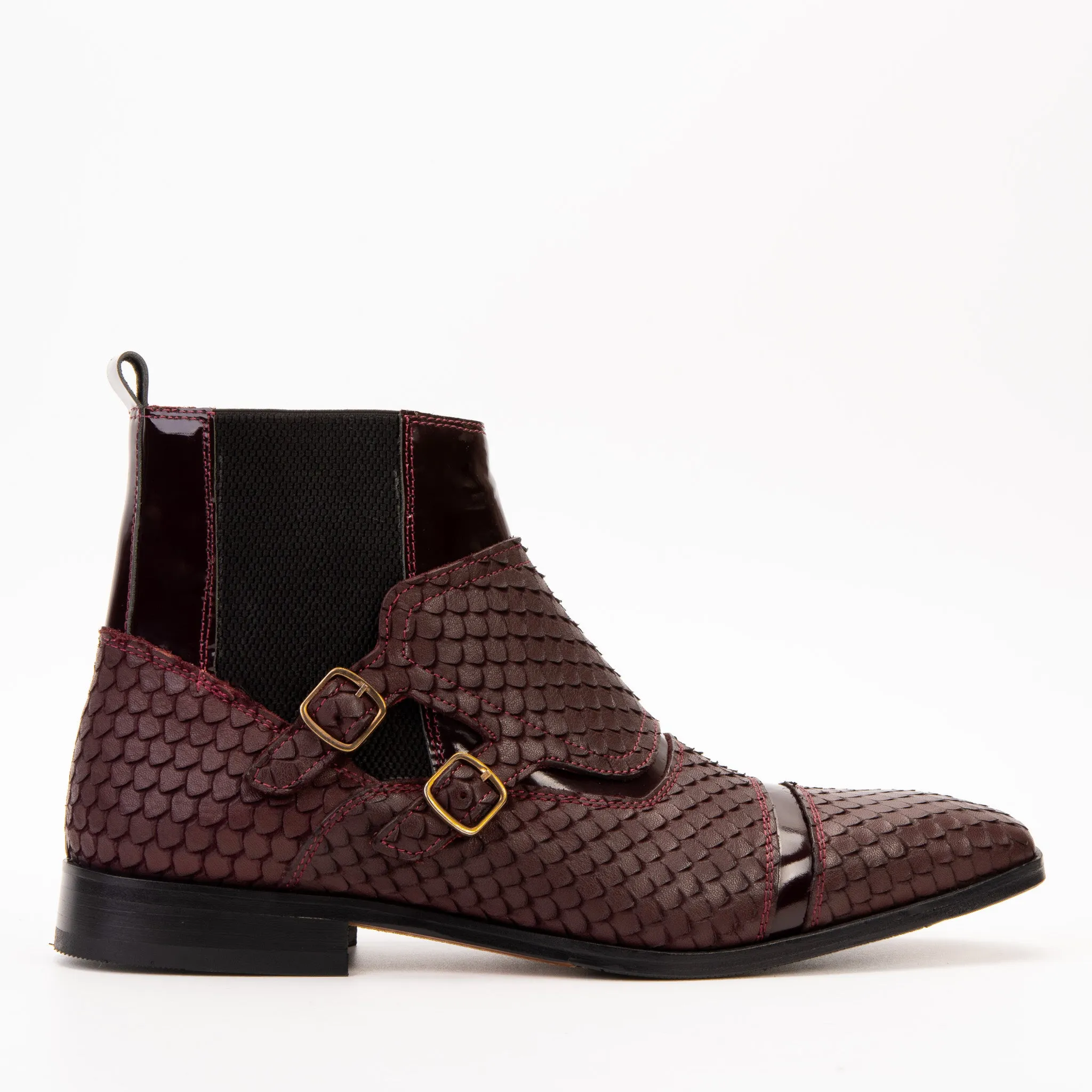 Young Mood Cool Tone The Orion Burgundy Snakeskin Pattern Leather Double Monk Strap Men Boot