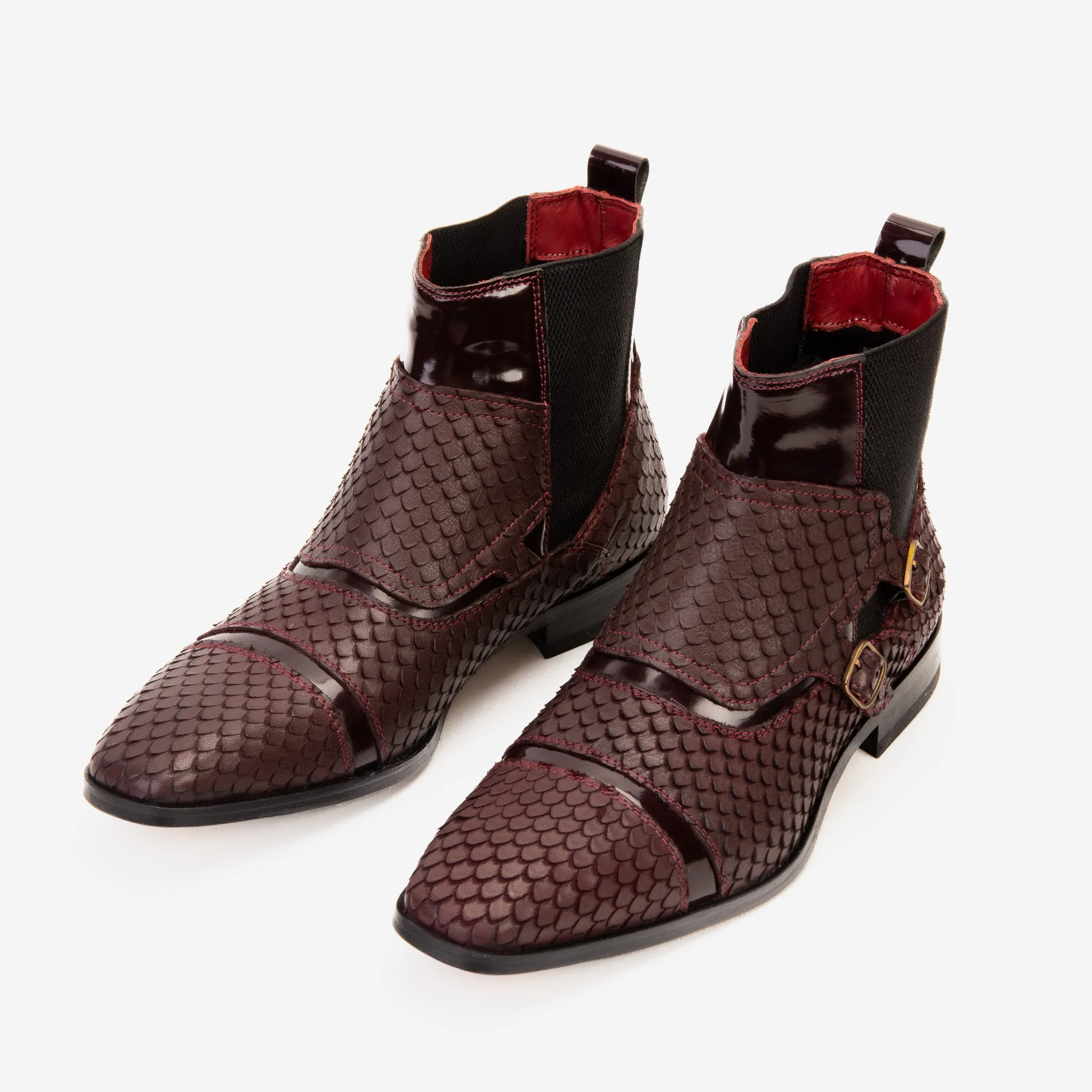 Detail-Edge The Orion Burgundy Snakeskin Pattern Leather Double Monk Strap Men Boot