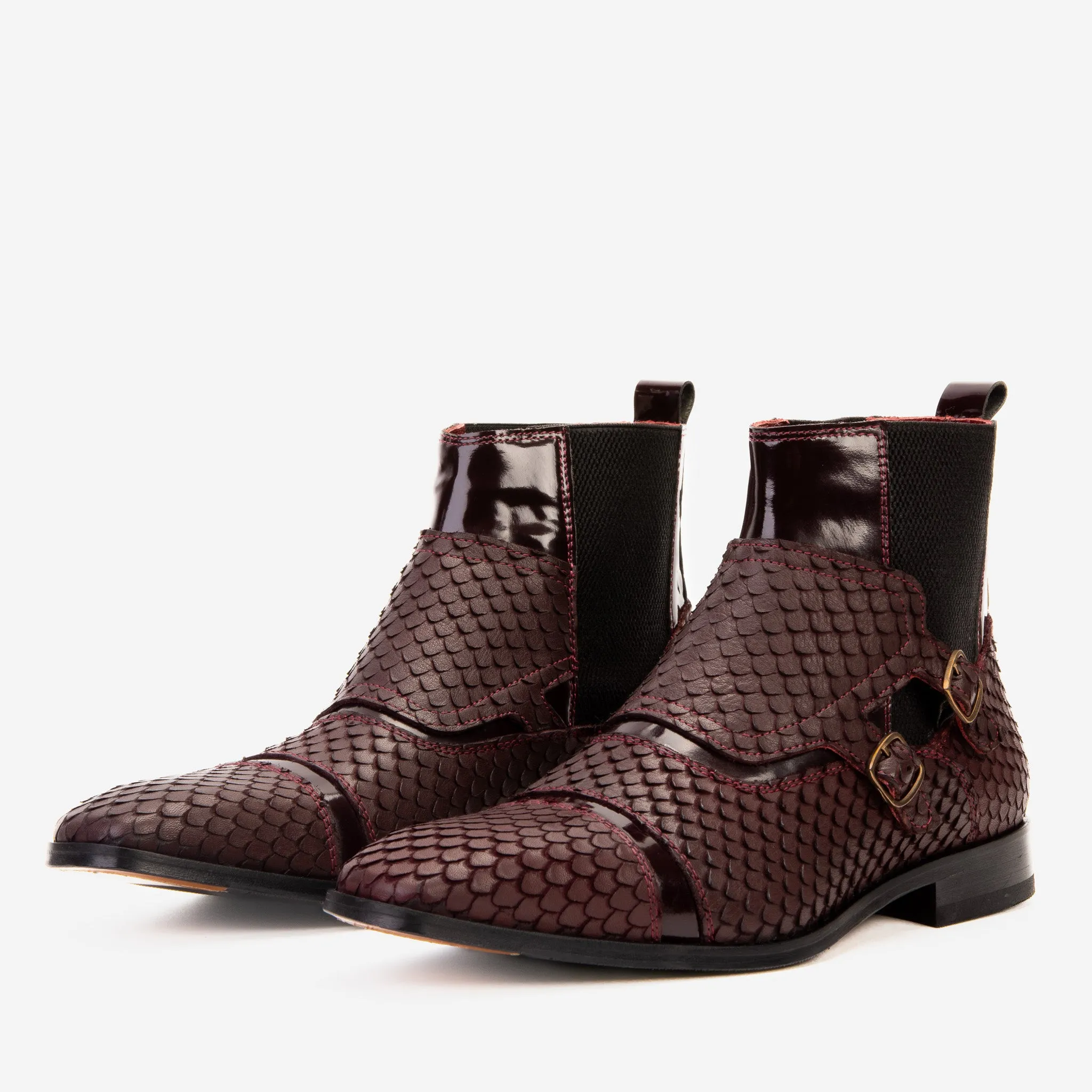 Detail-Edge The Orion Burgundy Snakeskin Pattern Leather Double Monk Strap Men Boot