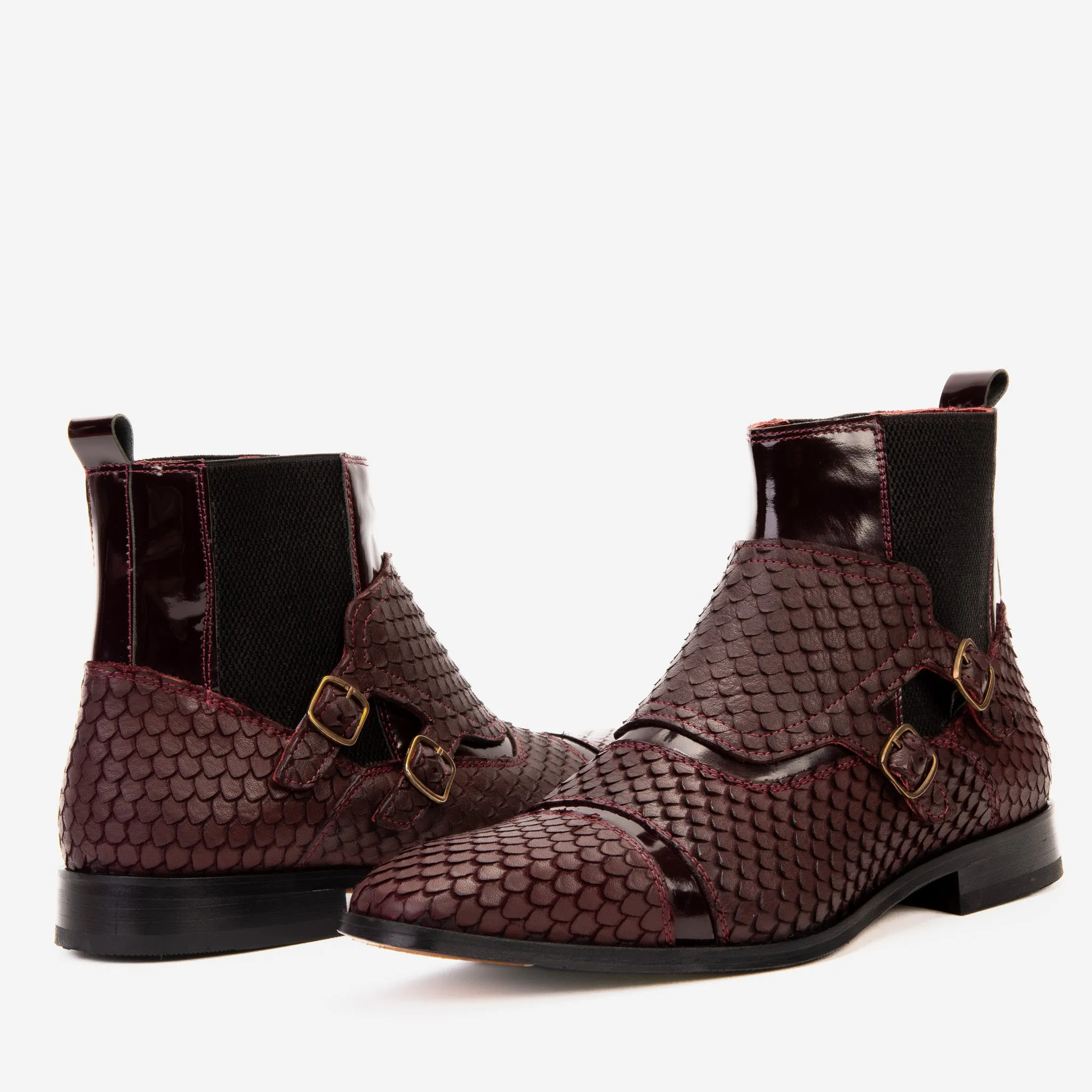 Detail-Edge The Orion Burgundy Snakeskin Pattern Leather Double Monk Strap Men Boot