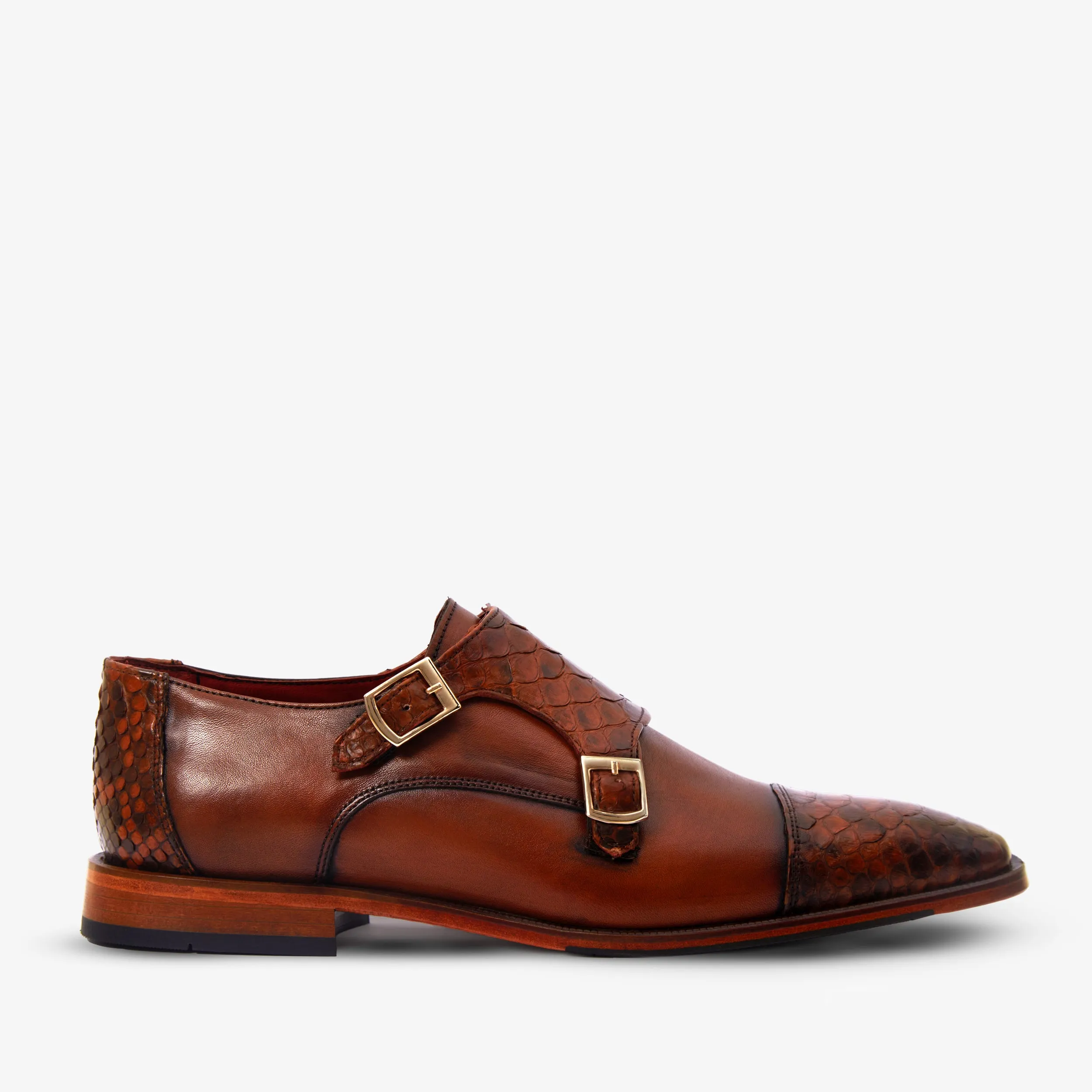 The Bishkek Tan Leather Cap Toe Double Monk Strap Men  Shoe Comfortable Insole Party Mood