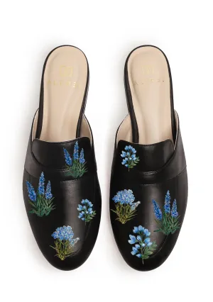 Blue Flowers Black Mule Comfortable Step Sandal Easygoing Style