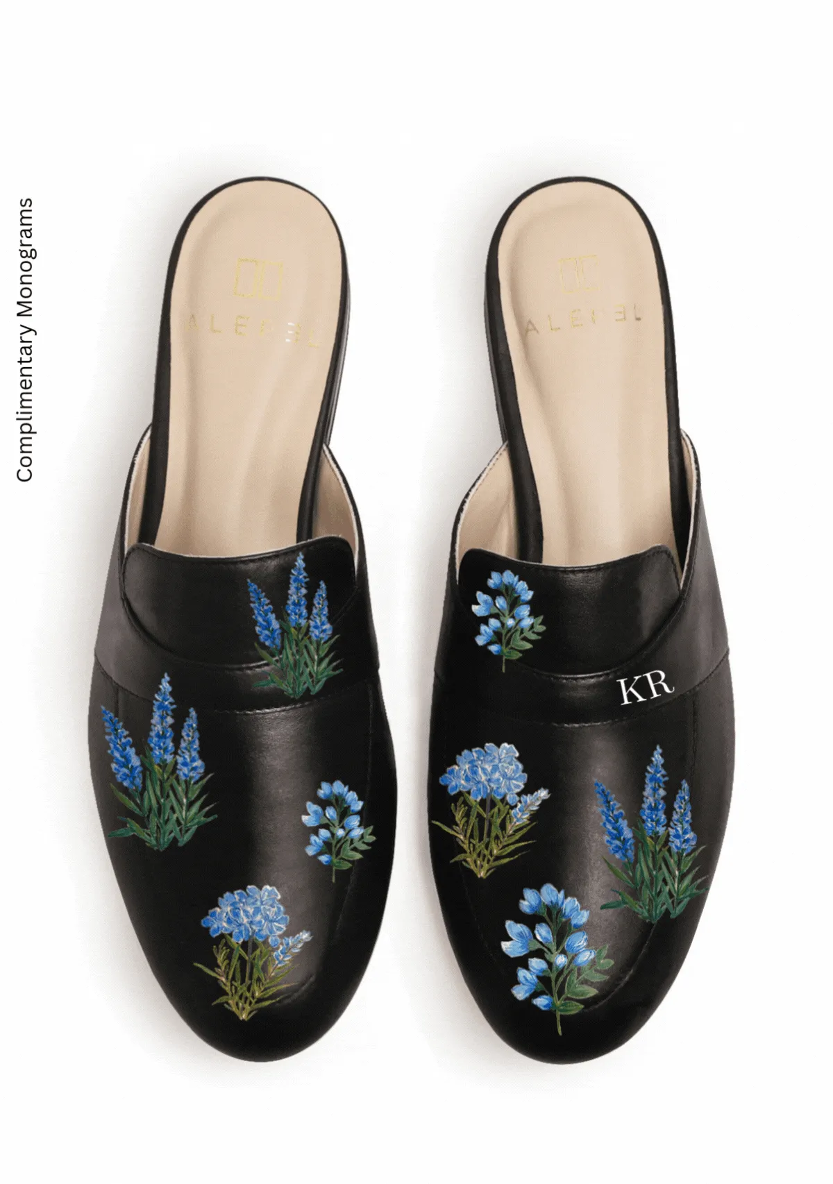 Easy Slip On Blue Flowers Black Mule