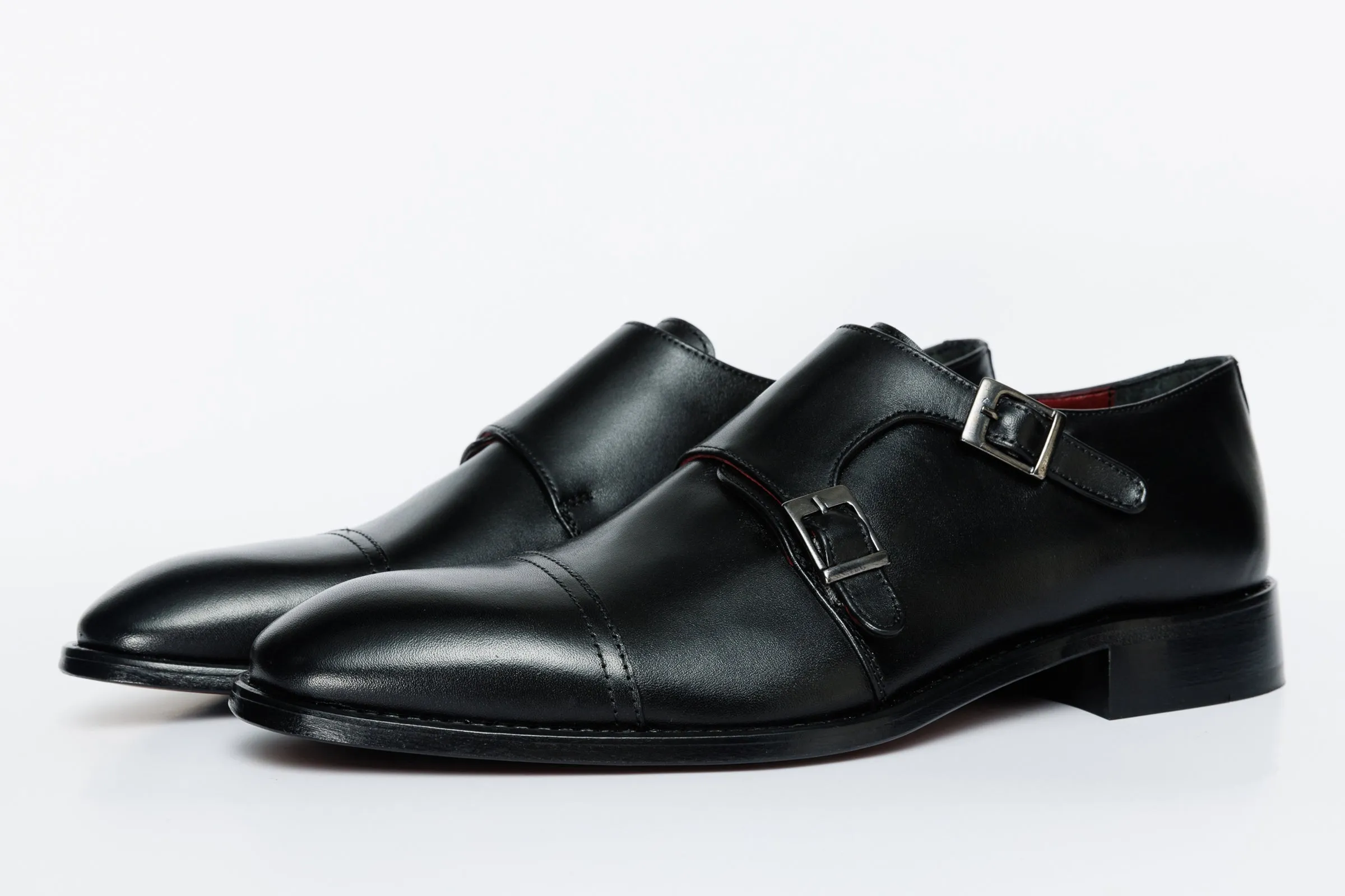 energy-boost The Essen Black Leather Cap Toe Double Monk Strap Men Shoe
