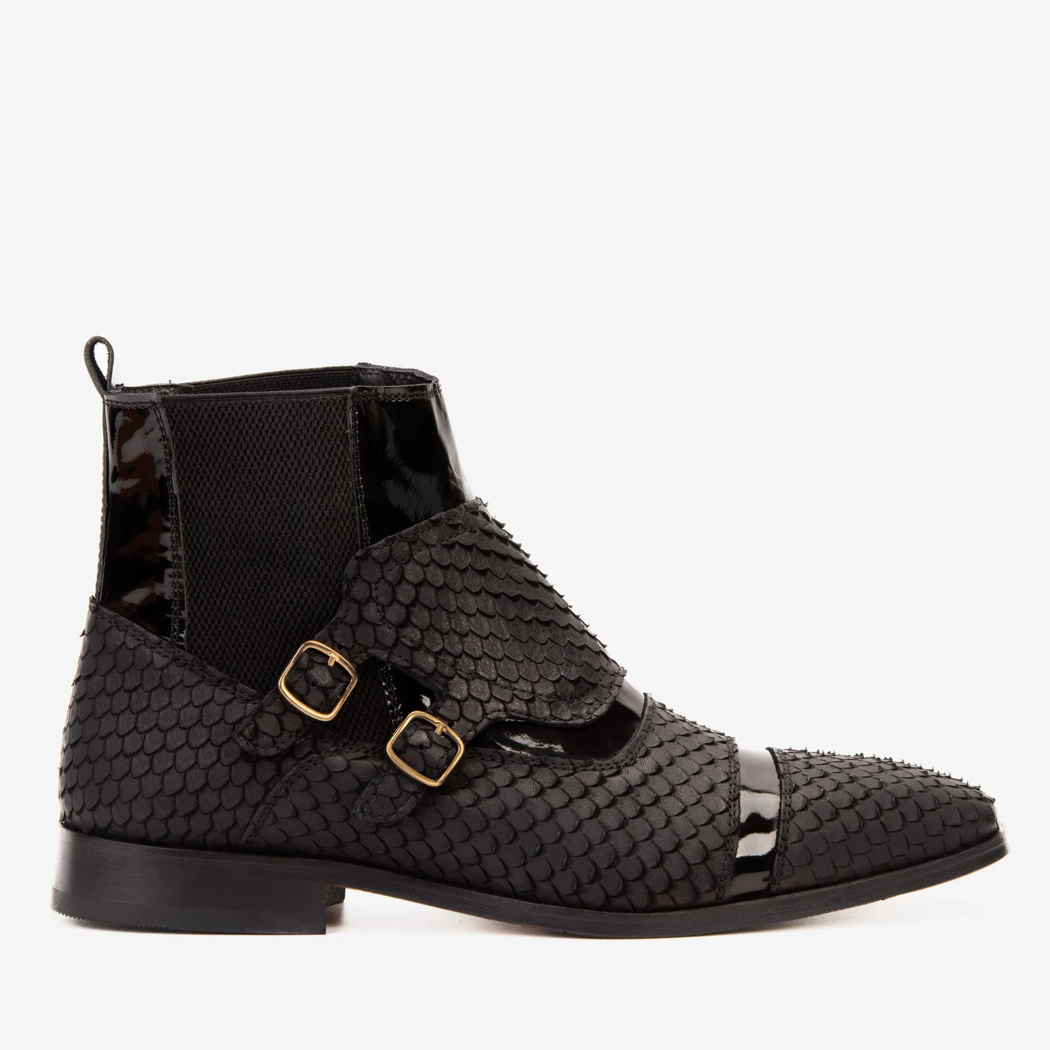 The Orion Black Snakeskin Pattern Leather Double Monk Strap Men Boot Secure fit Cotton Base