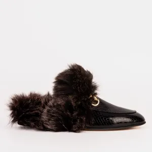 Shopping Mood Modern Classic Design The Izmir Black Patent Leather Natural Fur Women Slipper
