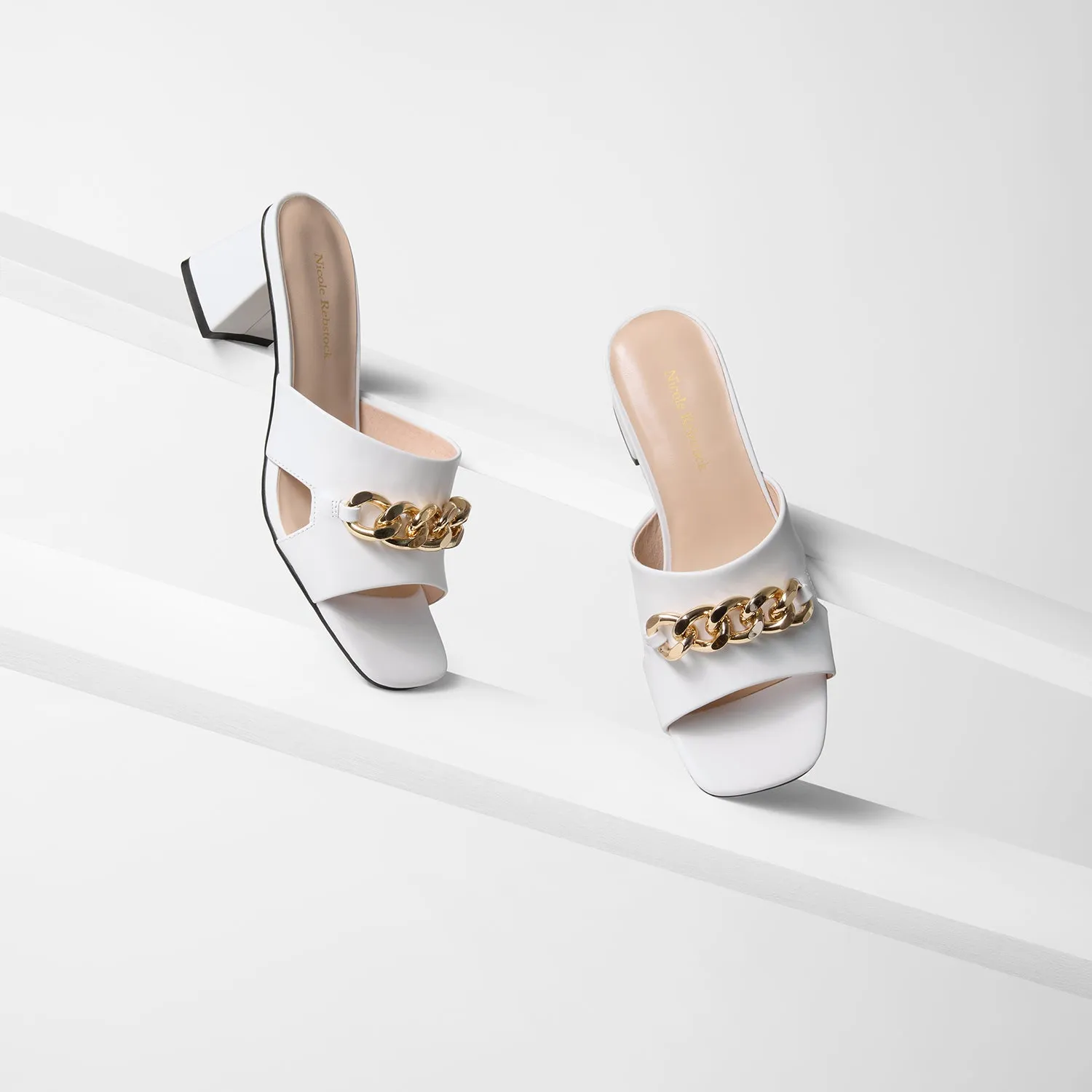 Evie Sandal Heel | White Leather Chunky Heels