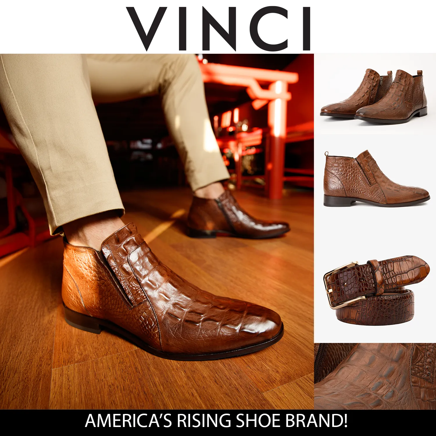 Fast-Run The Randor Brown Crocodile Leather Side-Zip Dress Ankle Men  Boot