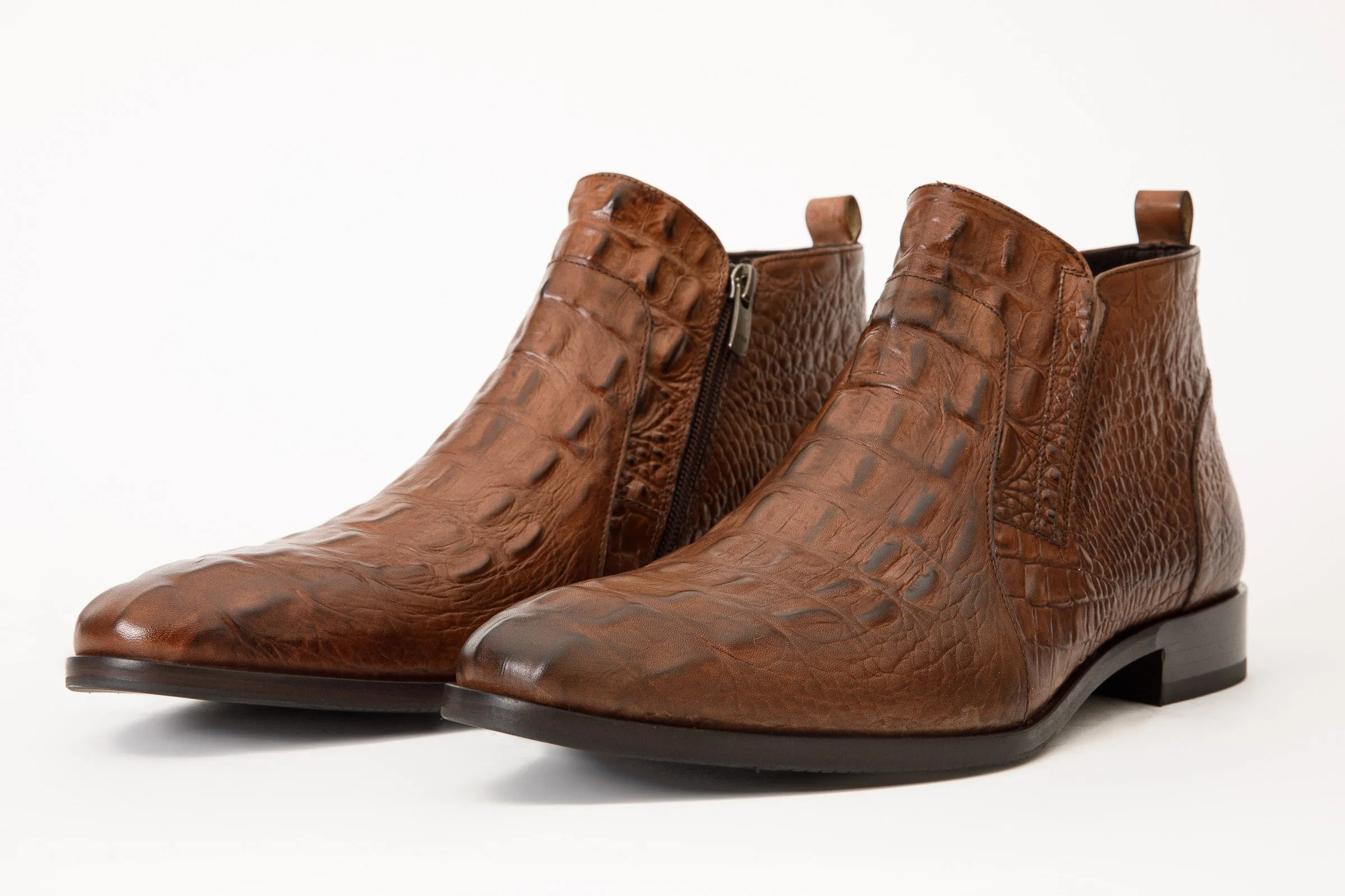 Fast-Run The Randor Brown Crocodile Leather Side-Zip Dress Ankle Men  Boot