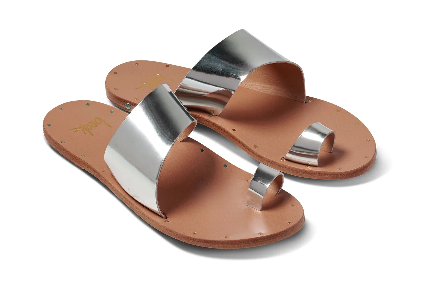 Finch leather toe-ring sandal in high shine silver - product angle shot